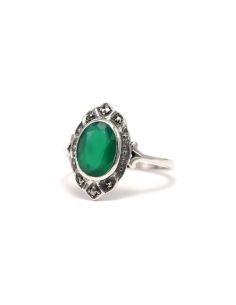 Bague Années 70 en argent 925 sertie d'une chrysoprase et de marcassites - 2