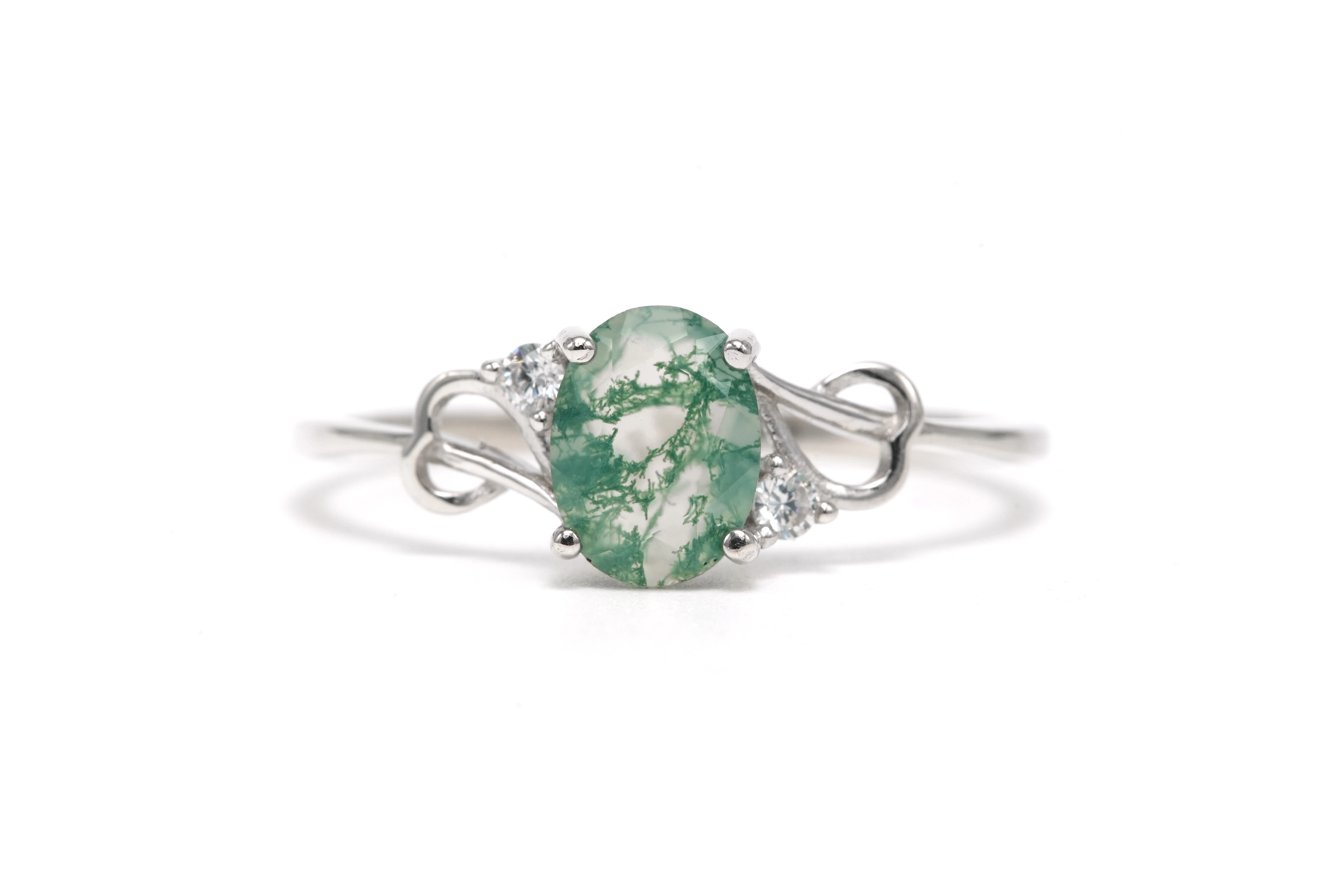 Bague contemporaine en argent sertie d'une agate mousse et de zirconiums - 1