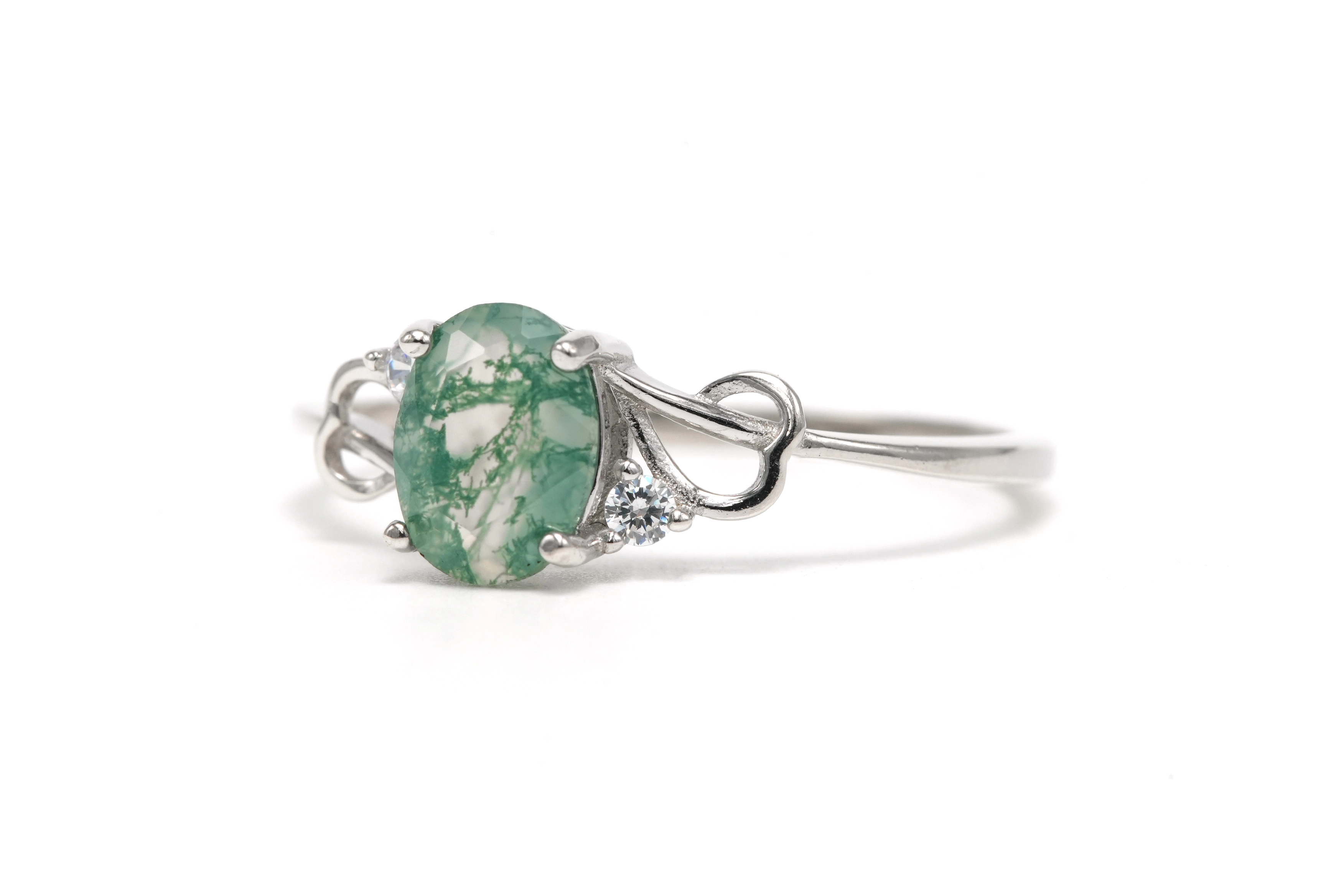 Bague contemporaine en argent sertie d'une agate mousse et de zirconiums - 2