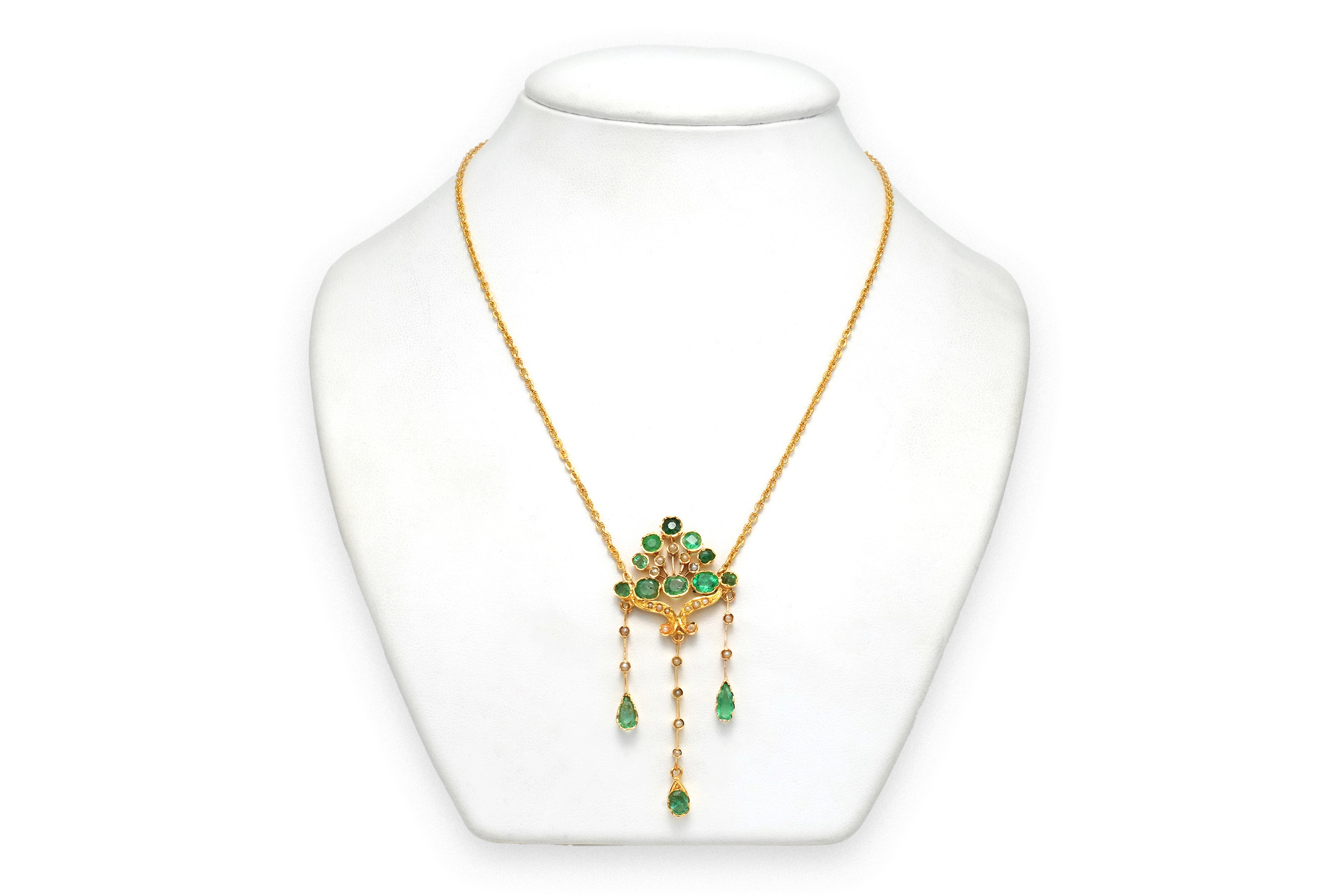 Collier Années 50 en or jaune 18 carats serti d'émeraudes et de perles - 2