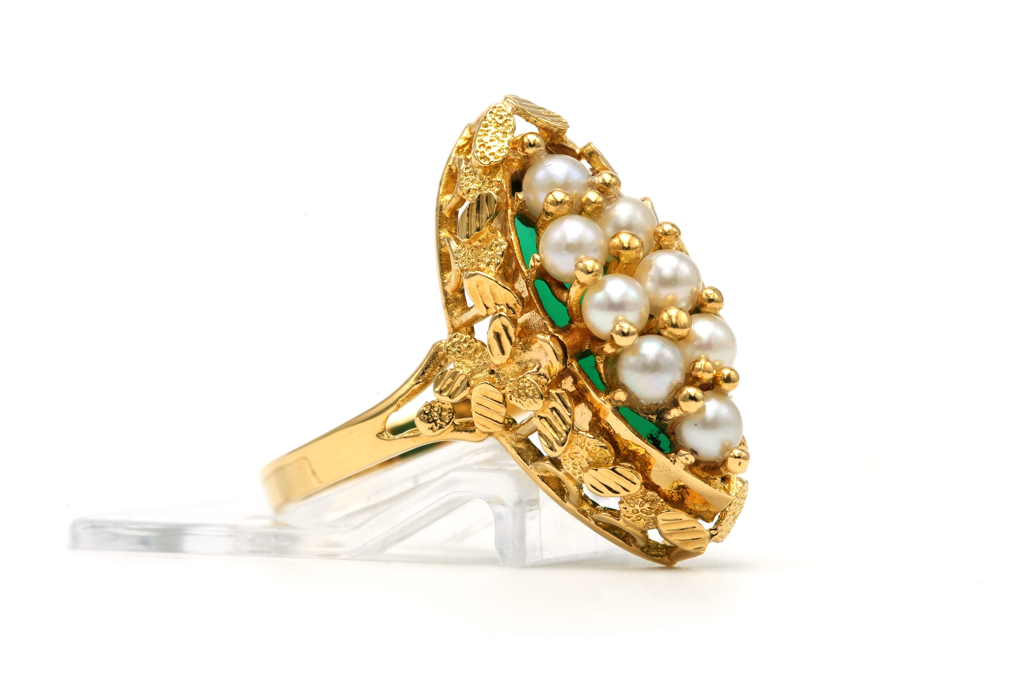 Bague Années 50 en or jaune 18 carats sertie de perle et d'une chrysocolle - 6