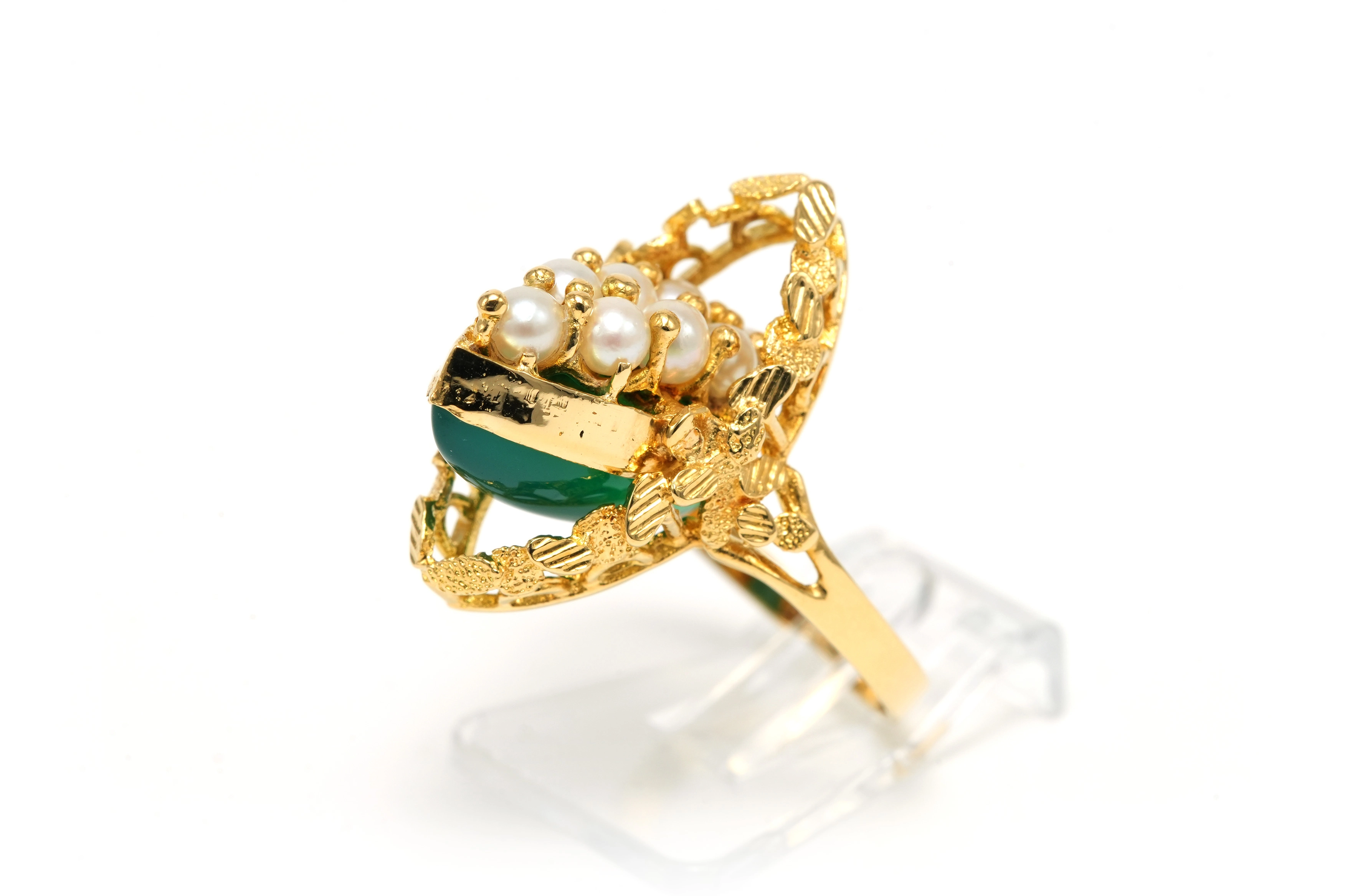 Bague Années 50 en or jaune 18 carats sertie de perle et d'une chrysocolle - 7