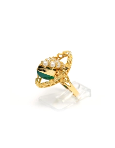 Bague Années 50 en or jaune 18 carats sertie de perle et d'une chrysocolle - 7