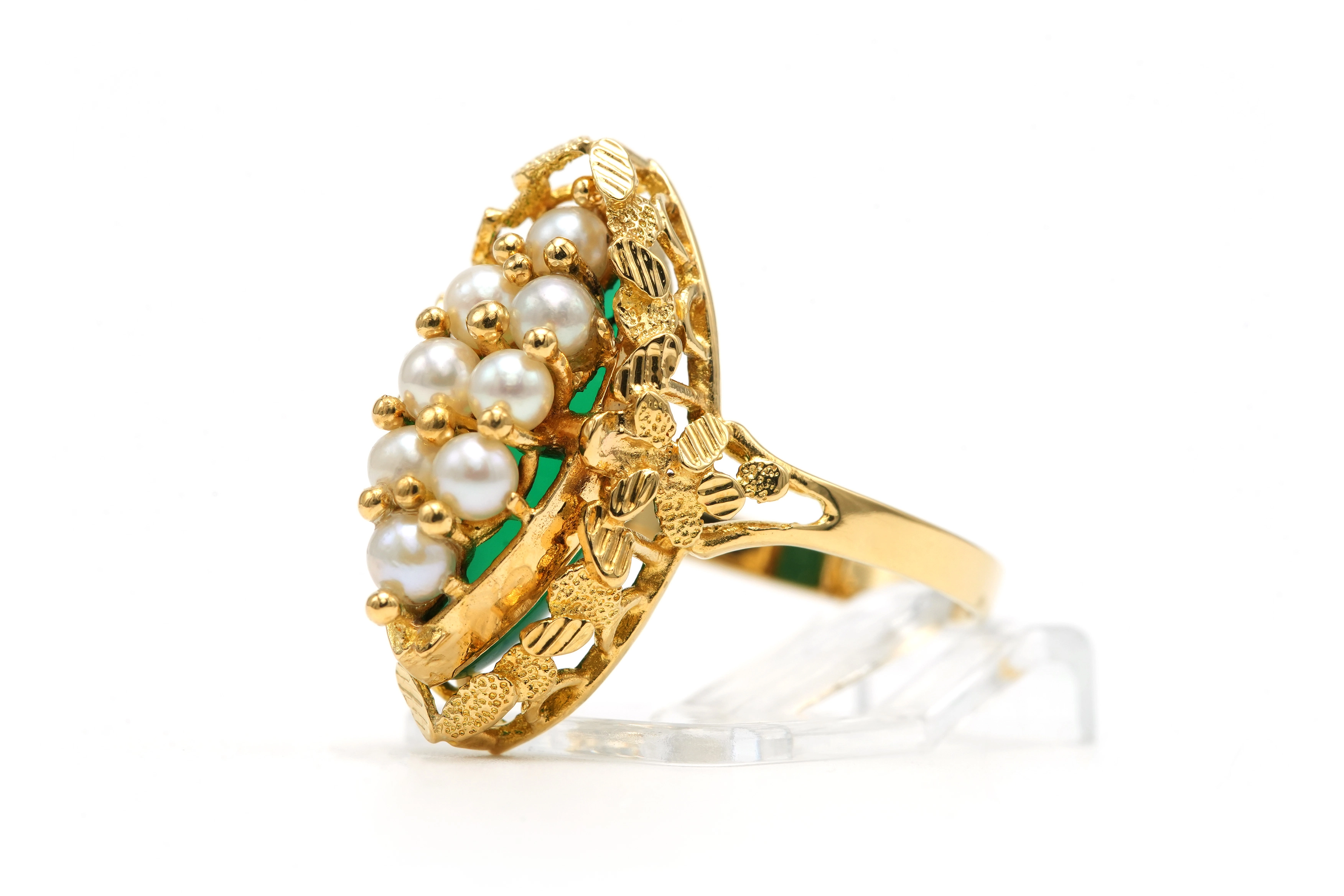 Bague Années 50 en or jaune 18 carats sertie de perle et d'une chrysocolle - 2