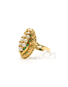 Bague Années 50 en or jaune 18 carats sertie de perles et d'une chrysoprase - - 2