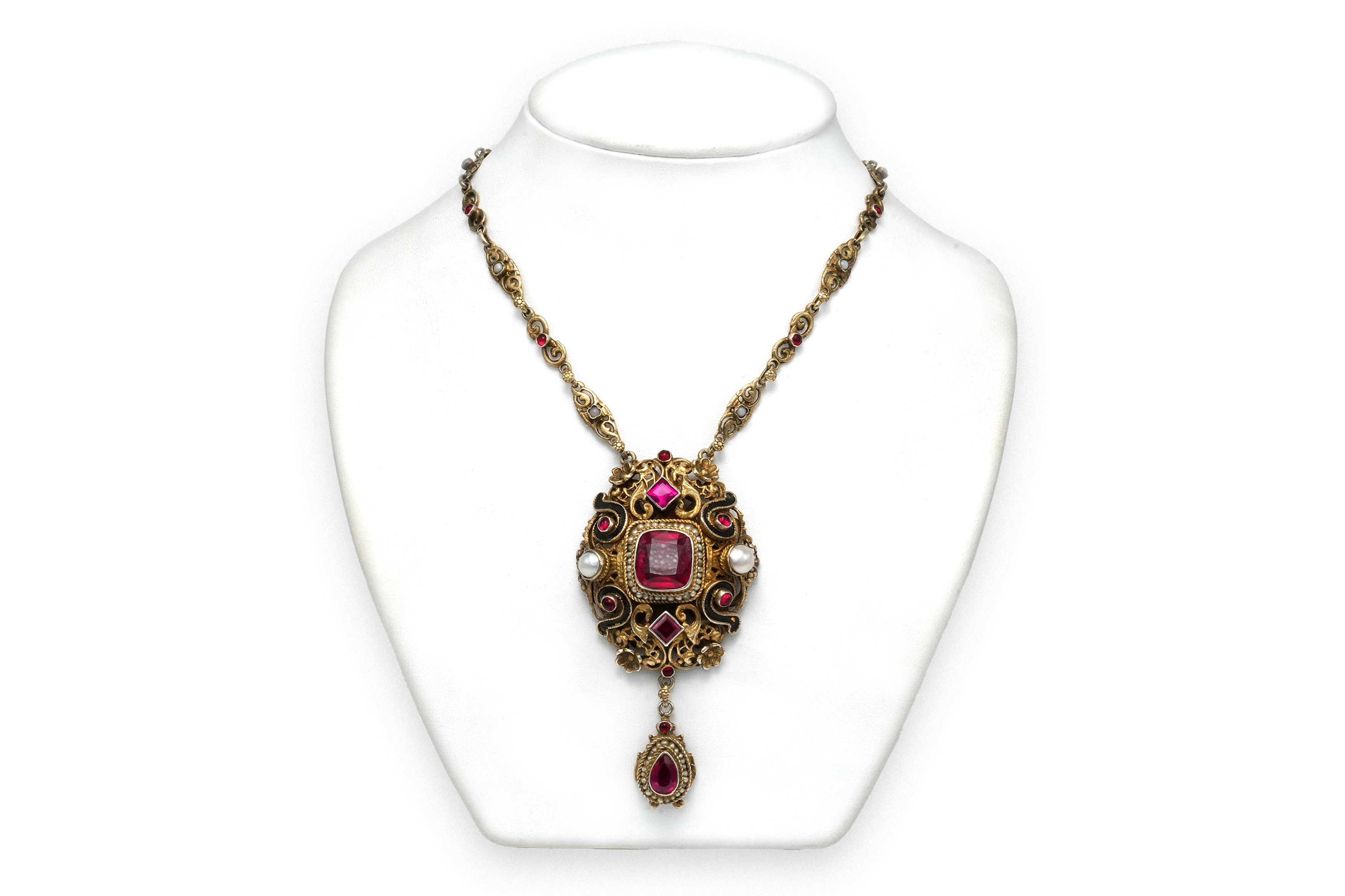 Collier Art Déco en vermeil serti de rubis de synthèse, de perles et d'émail - 2