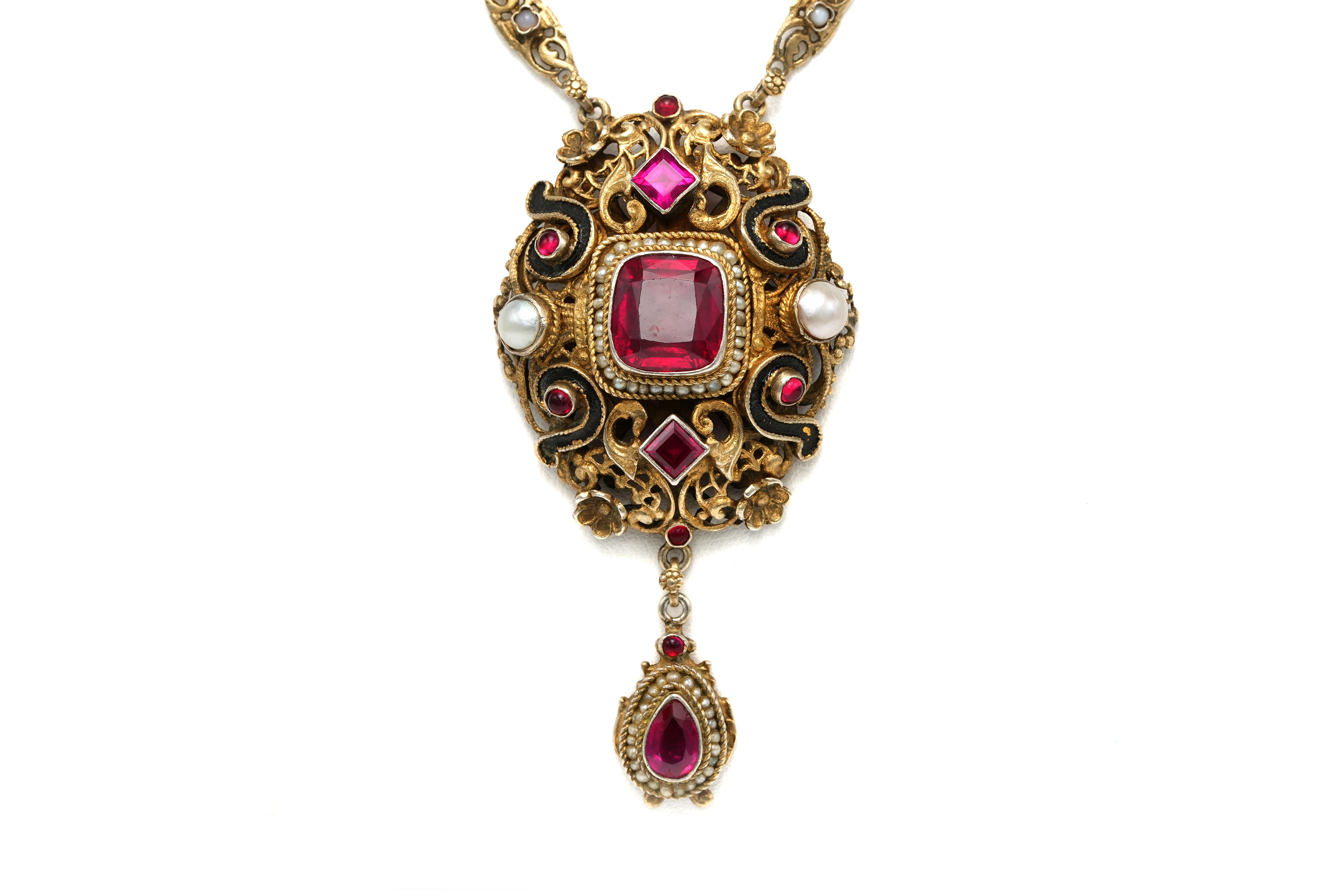Collier Art Déco en vermeil serti de rubis de synthèse, de perles et d'émail - 1