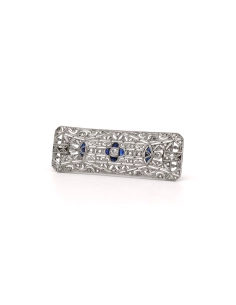 Broche Art Déco en or blanc 18 carats sertie de saphirs, d'un diamant "old cut", de taille "rose" et "8/8" - 2