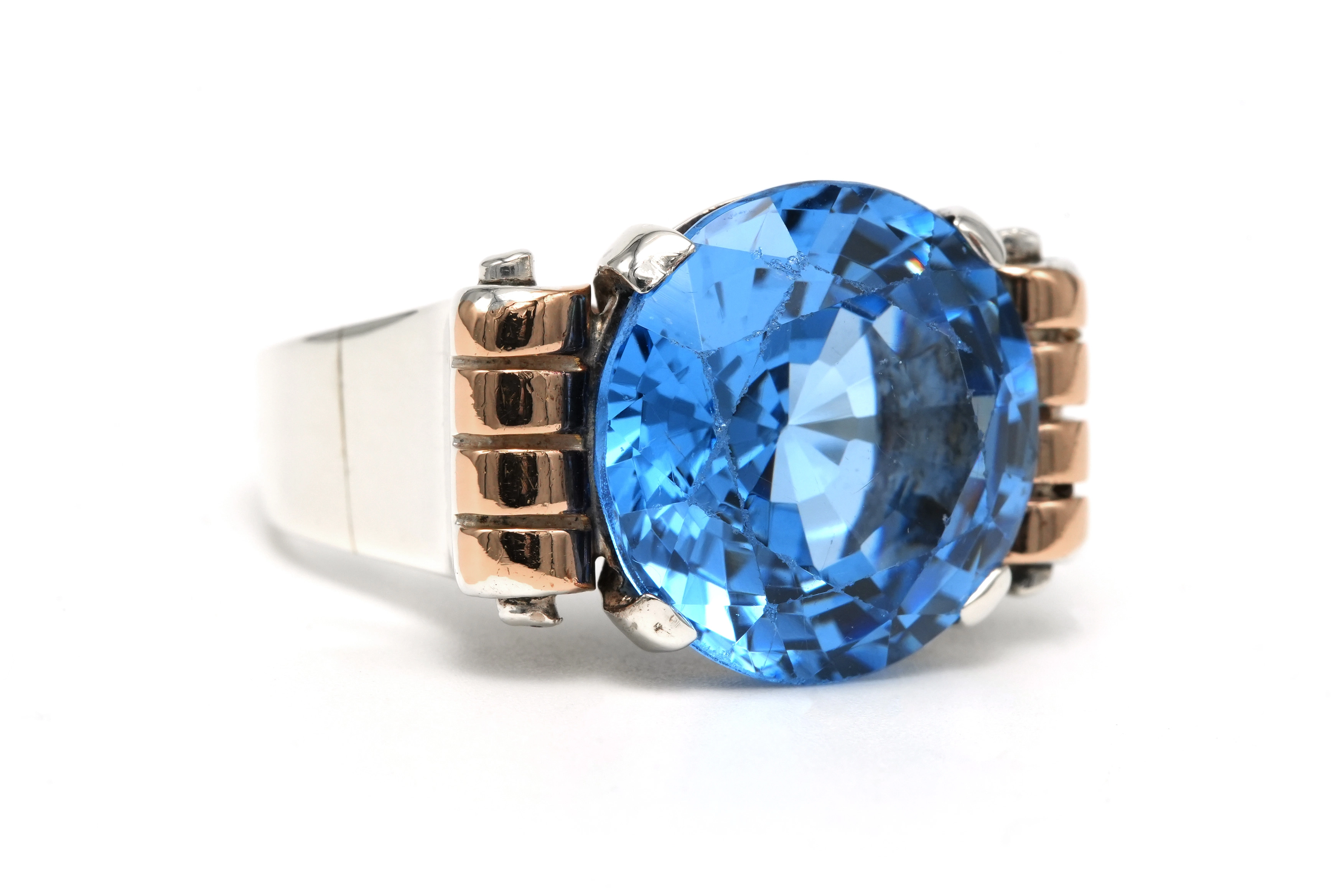 Bague Art Déco en argent et or jaune 18 carats sertie d'une spinelle de synthèse - 6