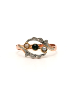 Bague Art Nouveau en or jaune 18 carats sertie d'une émeraude, de perles et de diamants taille "rose" - 1