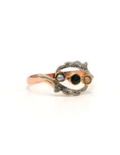 Bague Art Nouveau en or jaune 18 carats sertie d'une émeraude, de perles et de diamants taille "rose" - 7