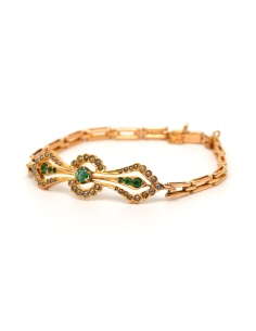Bracelet Art Nouveau en or jaune 18 carats serti d'émeraudes et de perles - 2