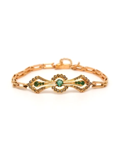 Bracelet Art Nouveau en or jaune 18 carats serti d'émeraudes et de perles - 1