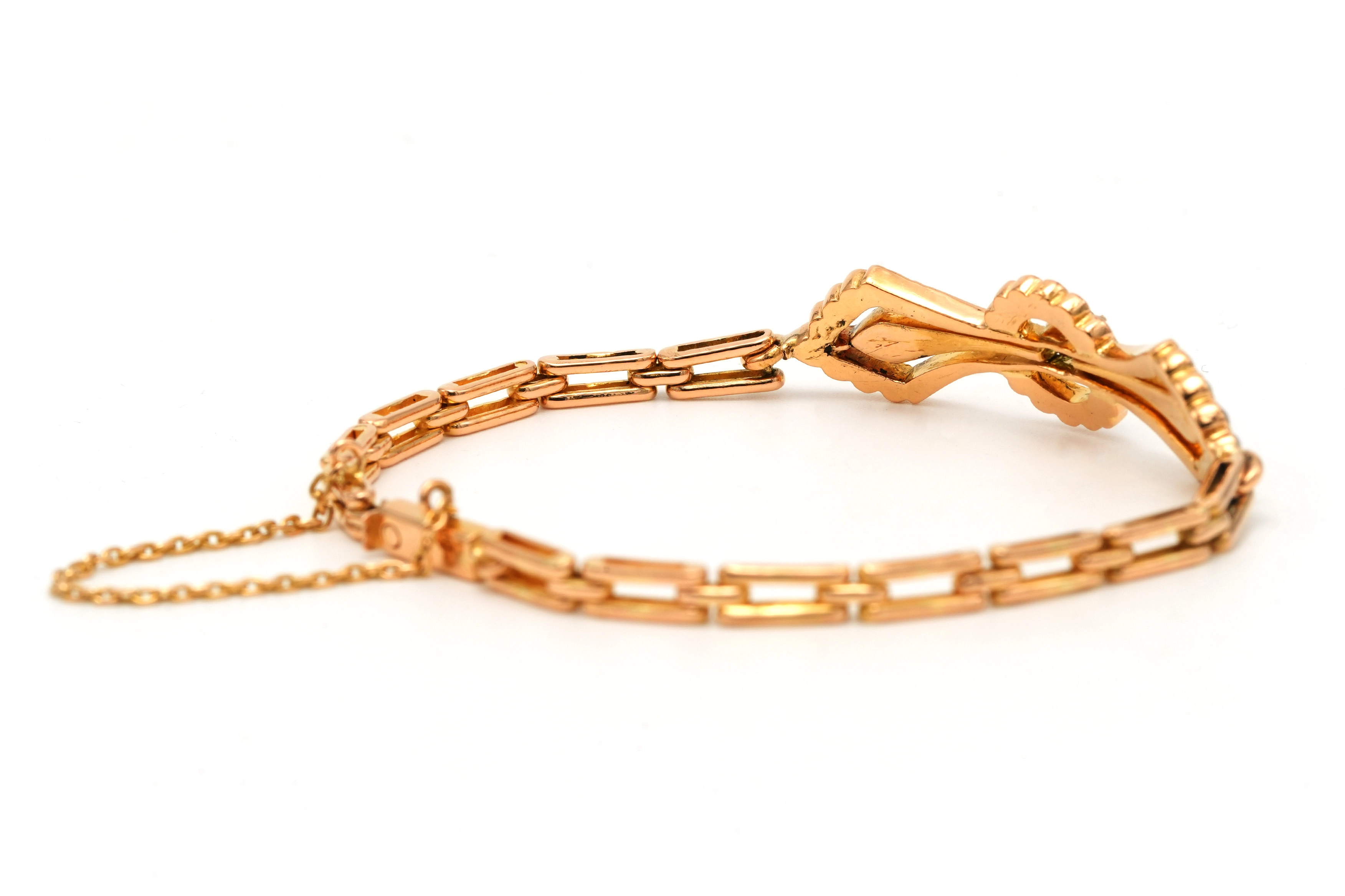 Bracelet Art Nouveau en or jaune 18 carats serti d'émeraudes et de perles - 6