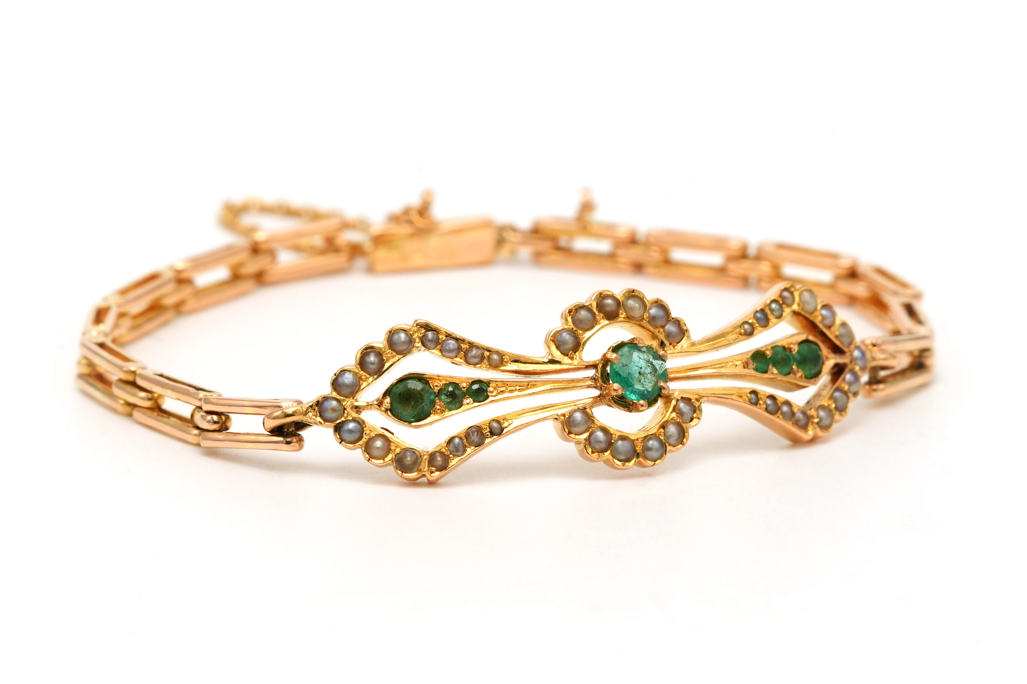 Bracelet Art Nouveau en or jaune 18 carats serti d'émeraudes et de perles - 7