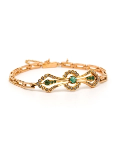 Bracelet Art Nouveau en or jaune 18 carats serti d'émeraudes et de perles - 7