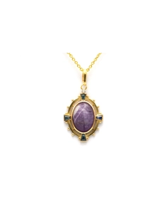 Pendentif Art Déco en or jaune 18 carats serti d'une améthyste, de saphirs et d'un diamant taille "rose" - 1