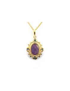 Pendentif Art Déco en or jaune 18 carats serti d'une améthyste, de saphirs et d'un diamant taille "rose" - 4