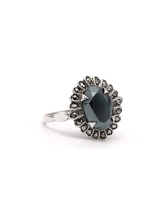 Bague Art Déco en argent sertie d'une hématite et de marcassites - 6
