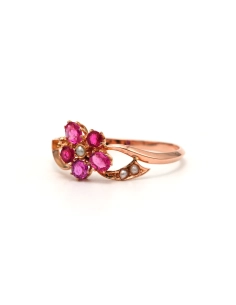Bague Art Nouveau en or jaune 18 carats sertie de saphirs roses et de perles - 2