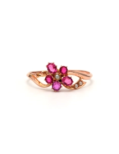 Bague Art Nouveau en or jaune 18 carats sertie de saphirs roses et de perles - 1