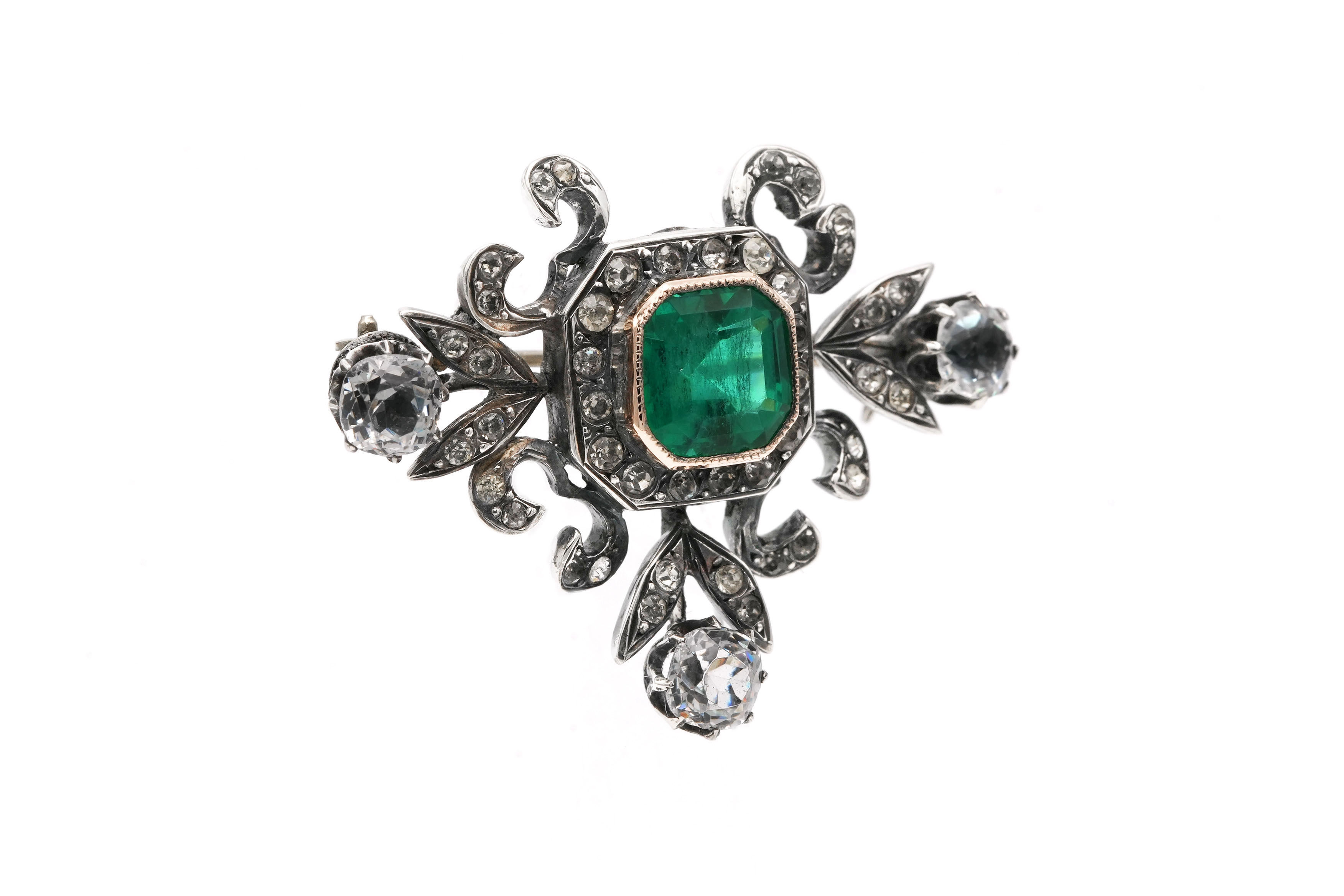 Broche Napoléon III en argent et or jaune 18 carats sertie de strass - 3