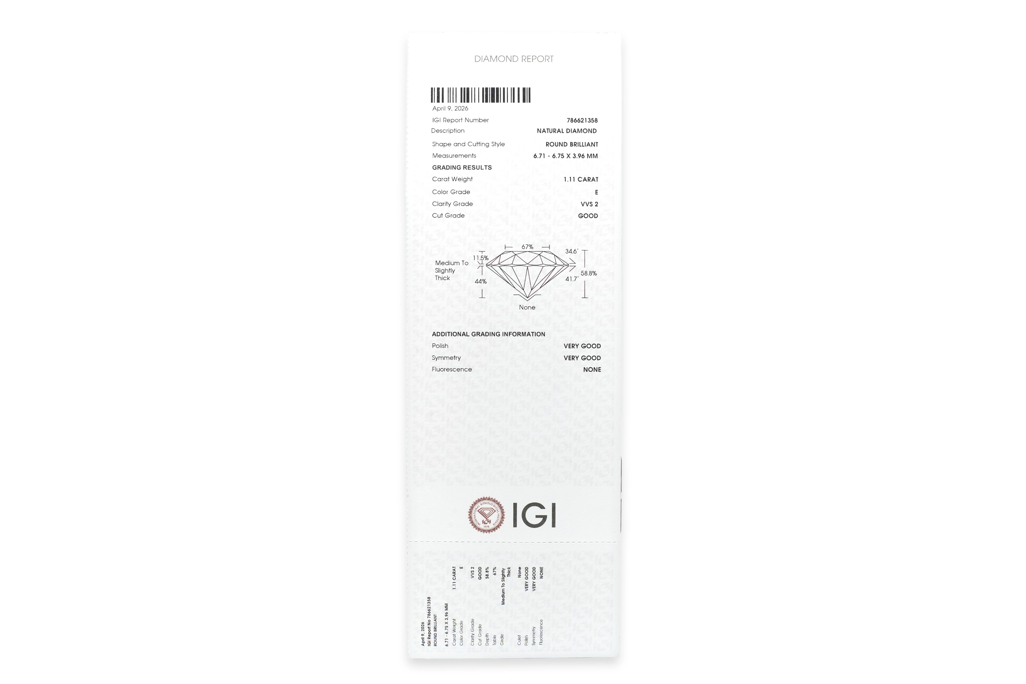 Diamant rond taille "brillant" certifié IGI 1.11 carats - E - VVS2 - 5