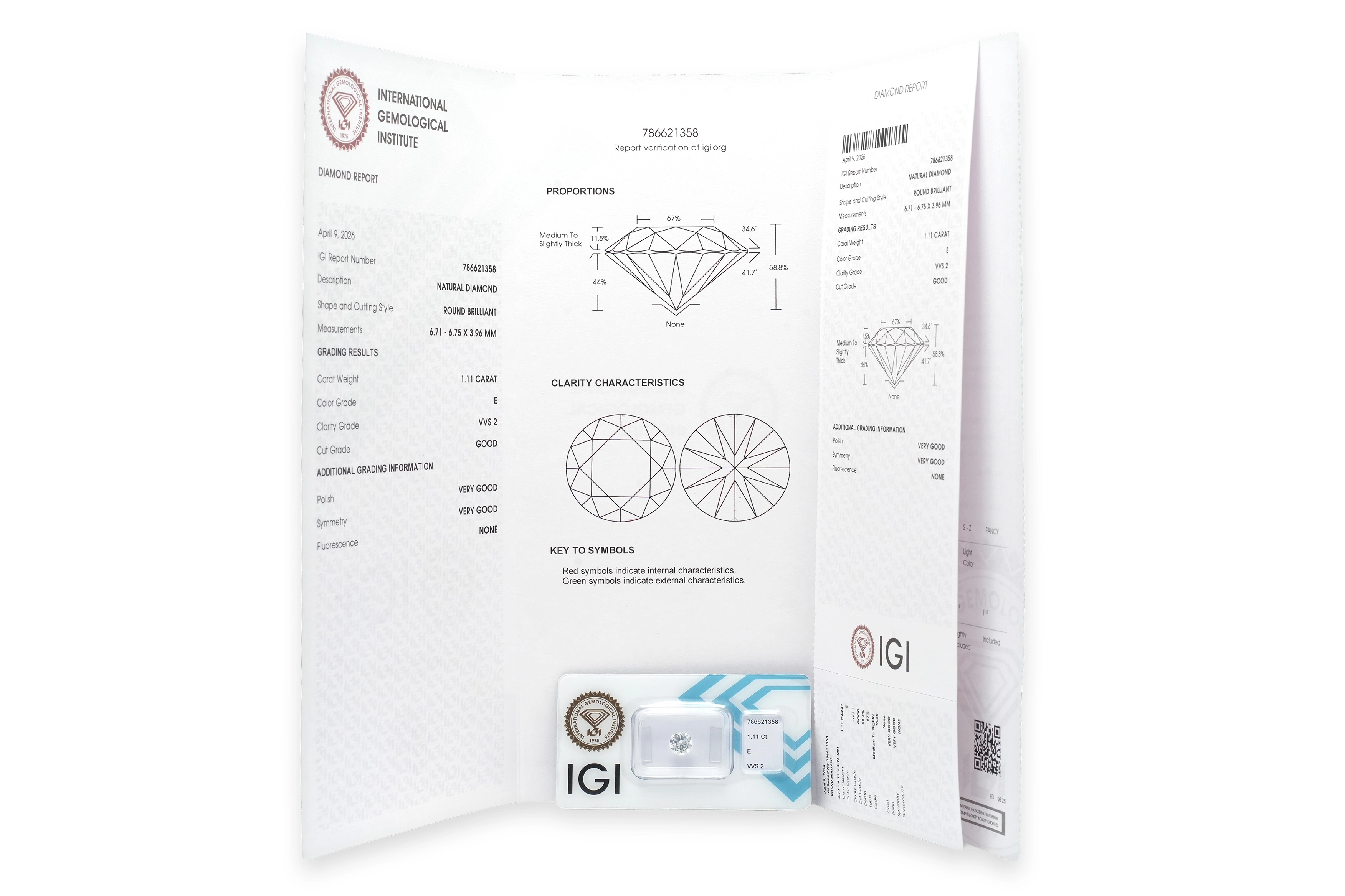Diamant rond taille "brillant" certifié IGI 1.11 carats - E - VVS2 - 6
