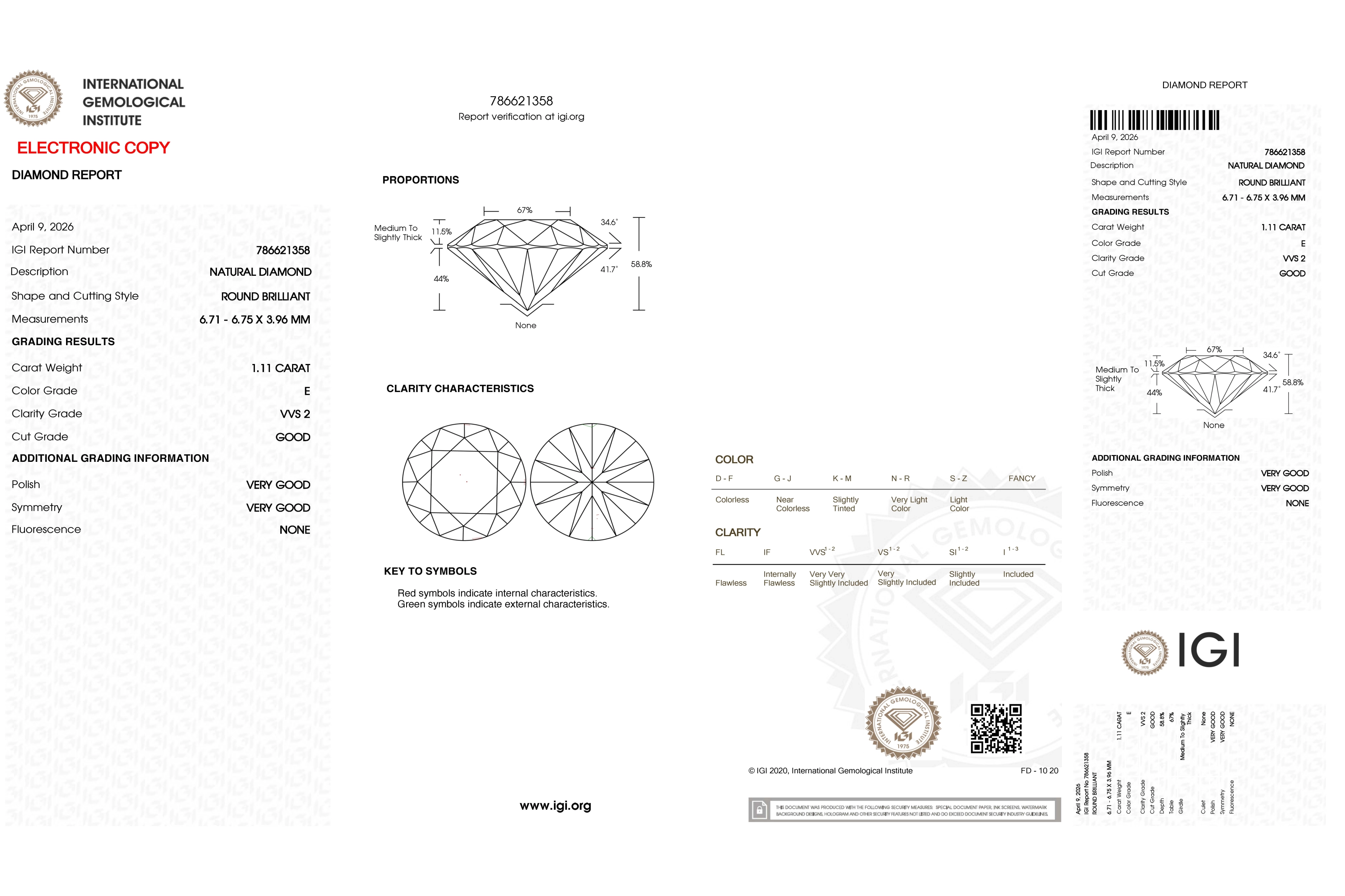 Diamant rond taille "brillant" certifié IGI 1.11 carats - E - VVS2 - 7