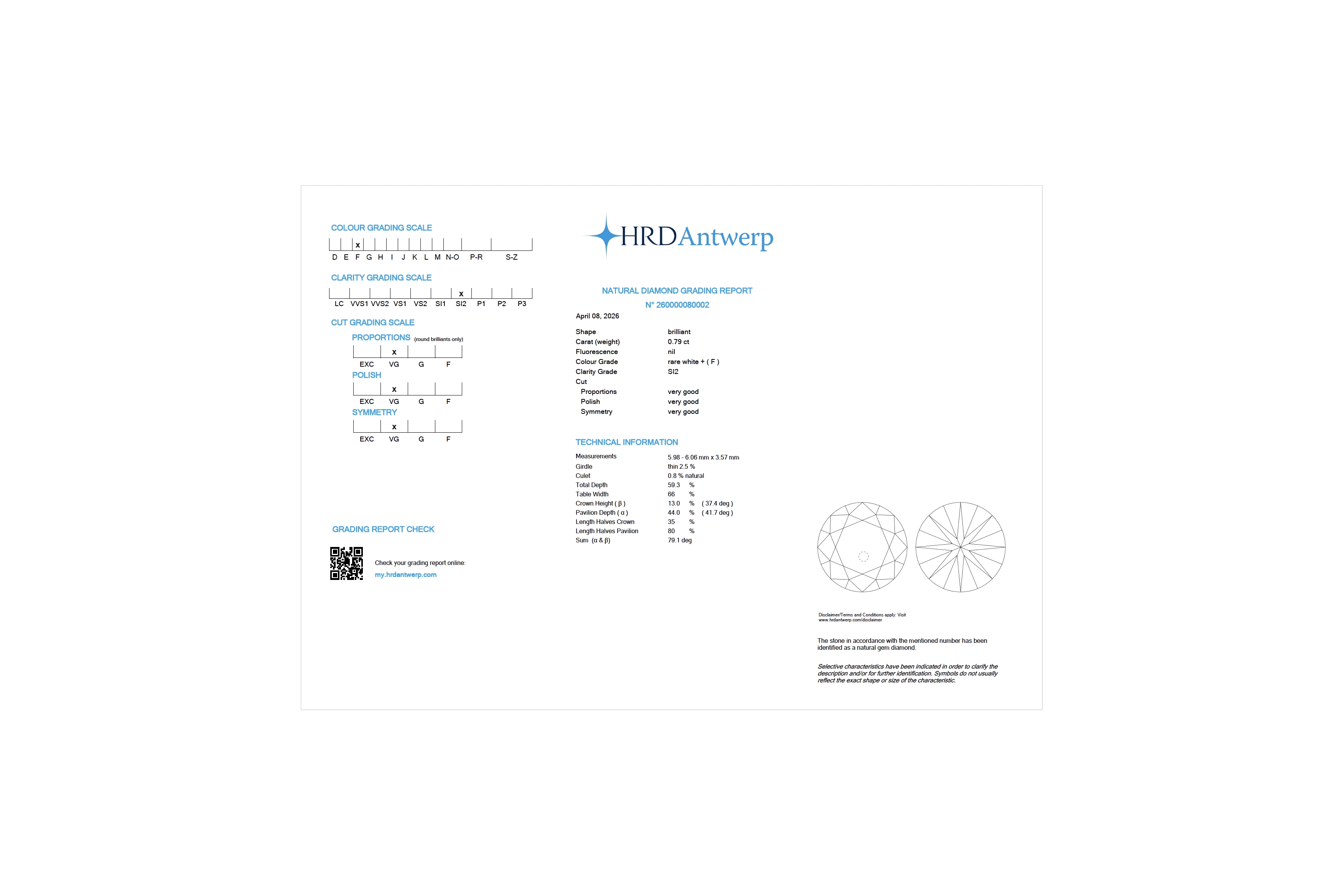 Diamant naturel taille "brillant" rond certifié HRD 0.79 carats - F - S12 - 3