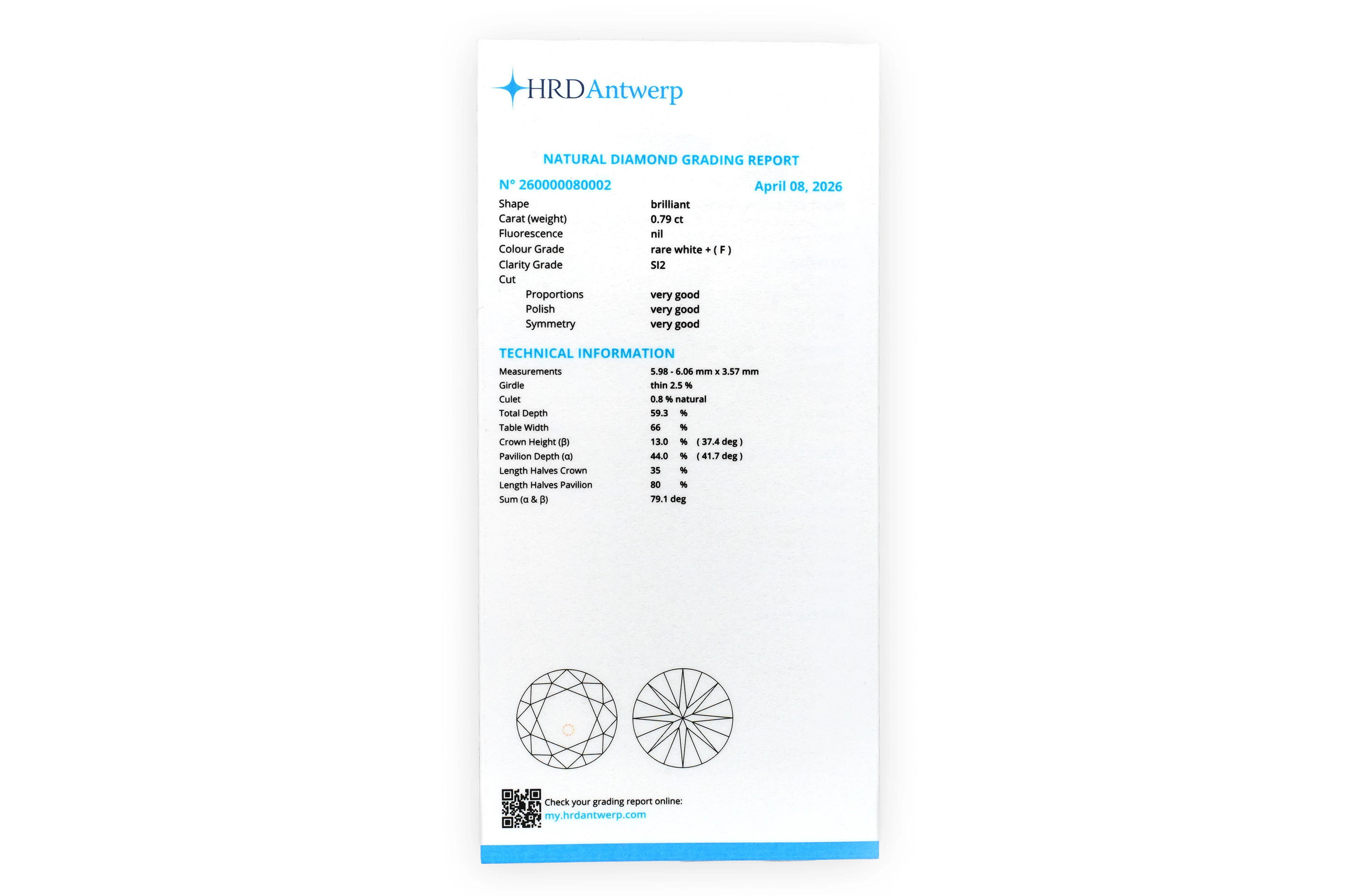 Diamant naturel taille "brillant" rond certifié HRD 0.79 carats - F - S12 - 5