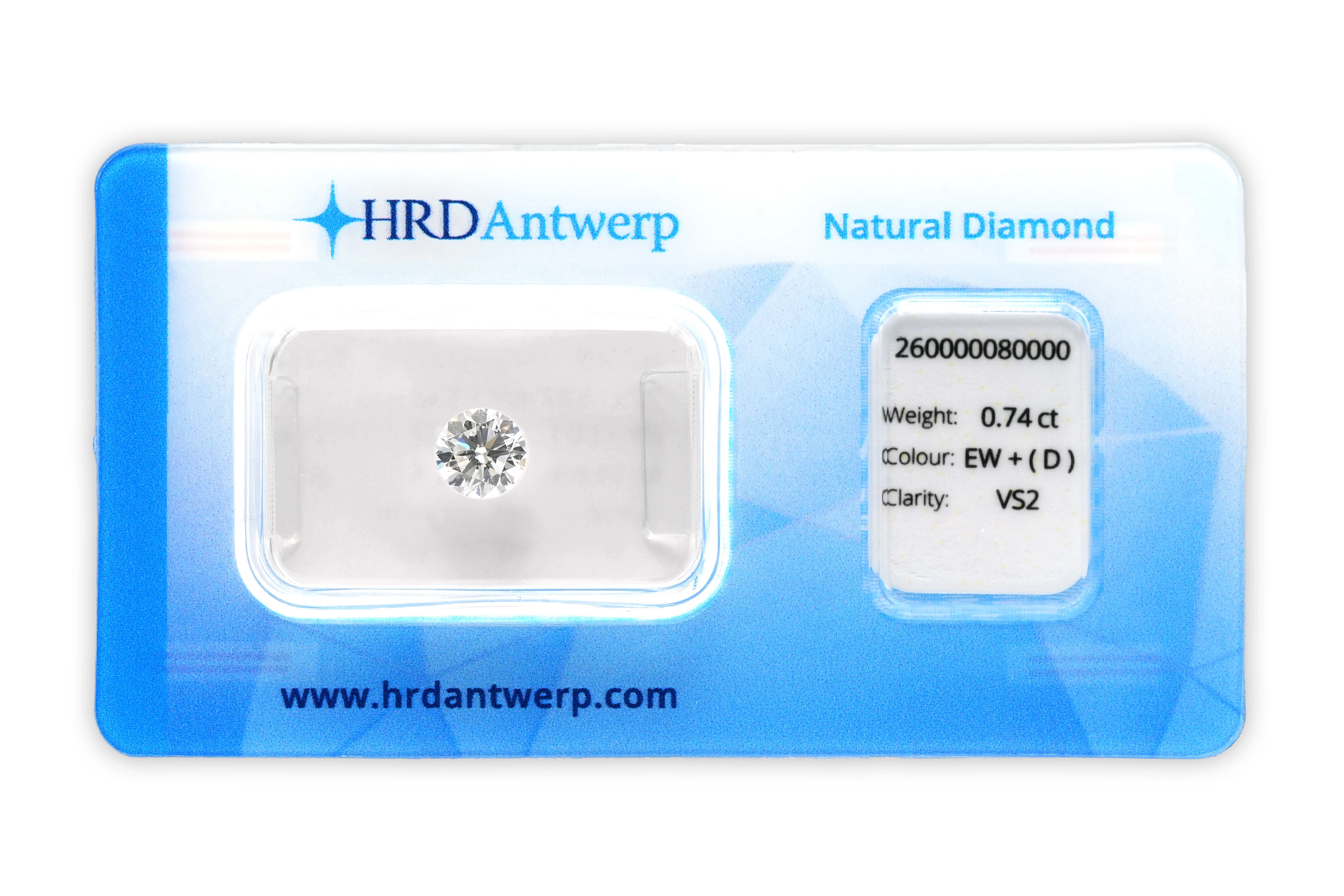 Diamant naturel taille "brillant" rond certifié HRD 0.74 carats - D - VS 2 - 1