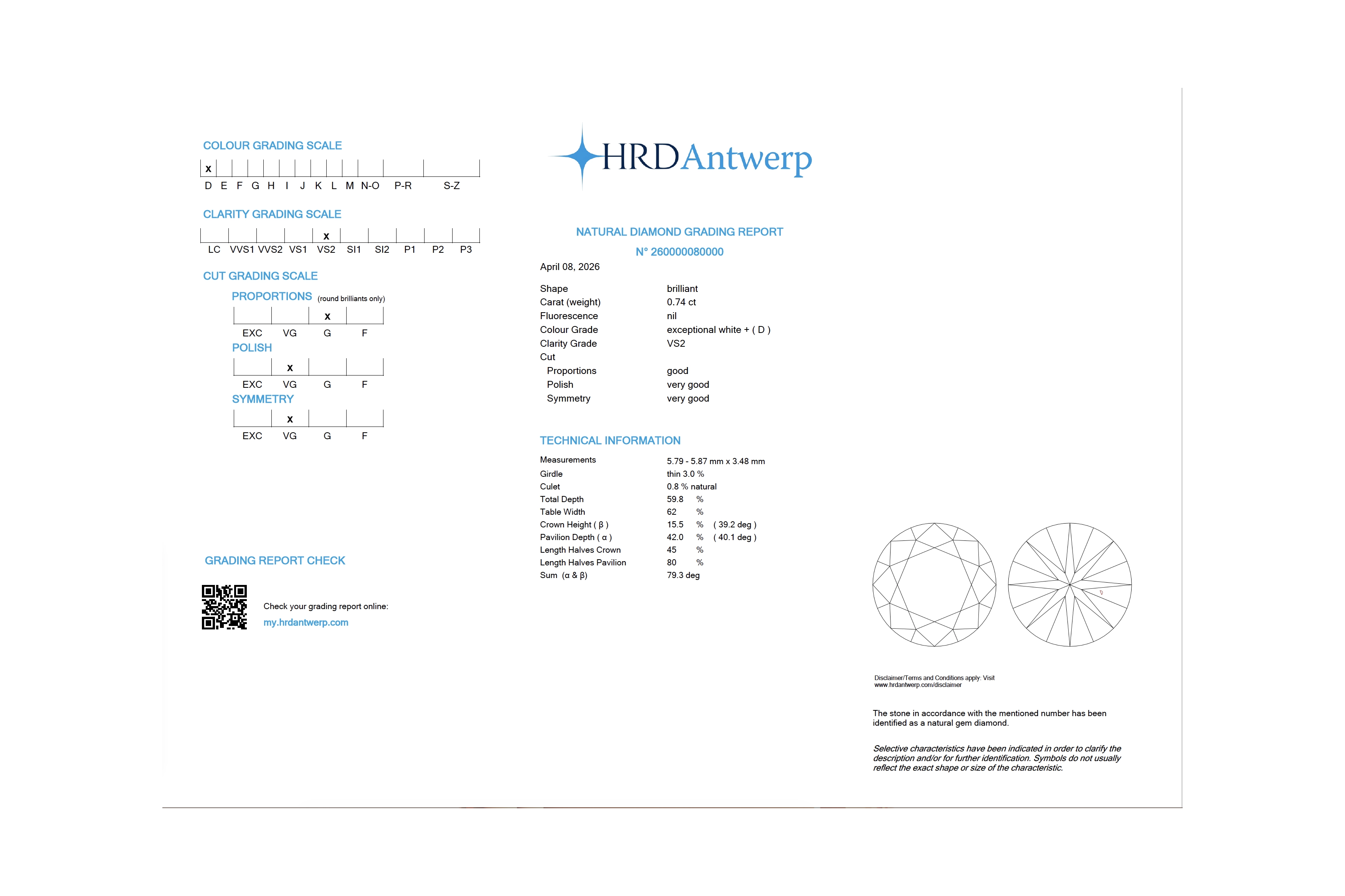 Diamant naturel taille "brillant" rond certifié HRD 0.74 carats - D - VS 2 - 3