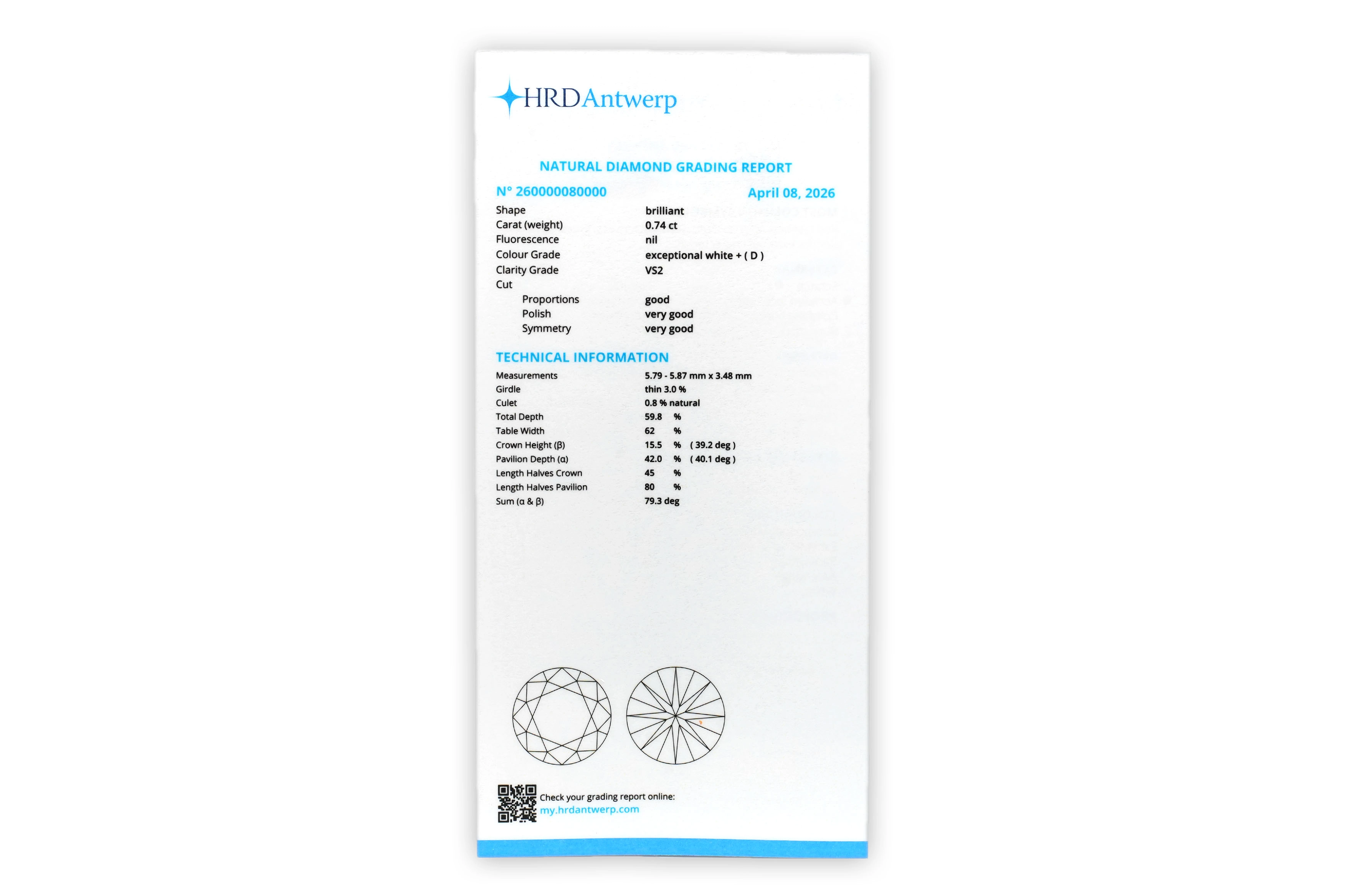 Diamant naturel taille "brillant" rond certifié HRD 0.74 carats - D - VS 2 - 5