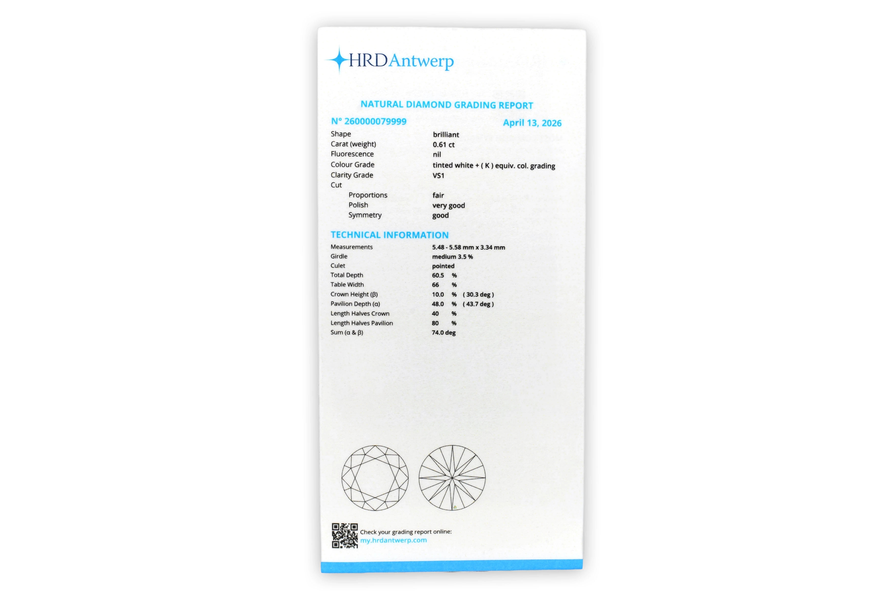 Diamant naturel taille "brillant" rond certifié HRD 0.61 carats - K - VS 1 - 5