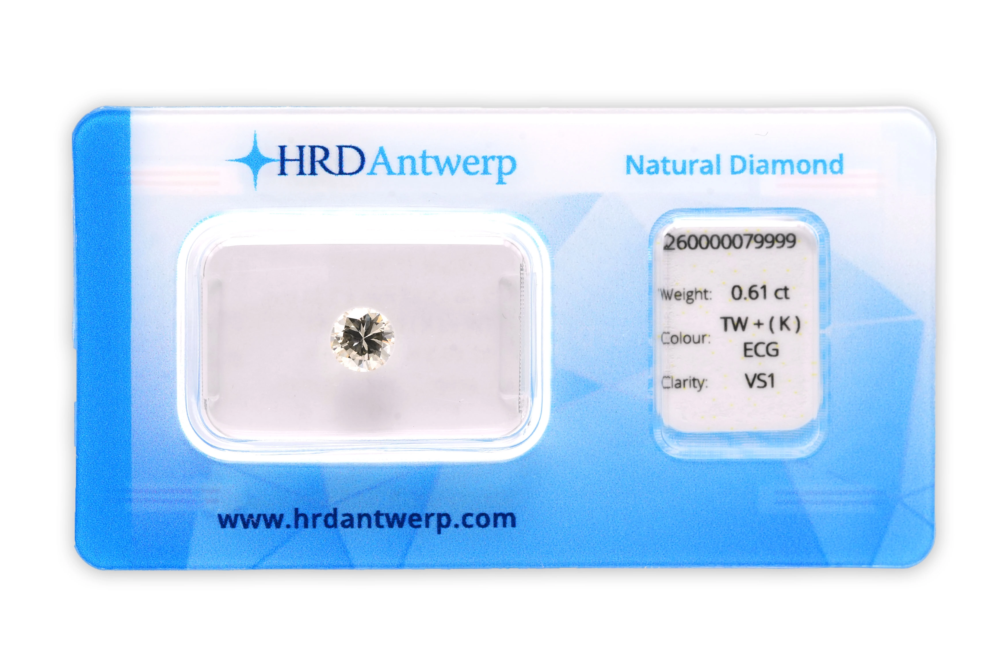 Diamant naturel taille "brillant" rond certifié HRD 0.61 carats - K - VS 1 - 1