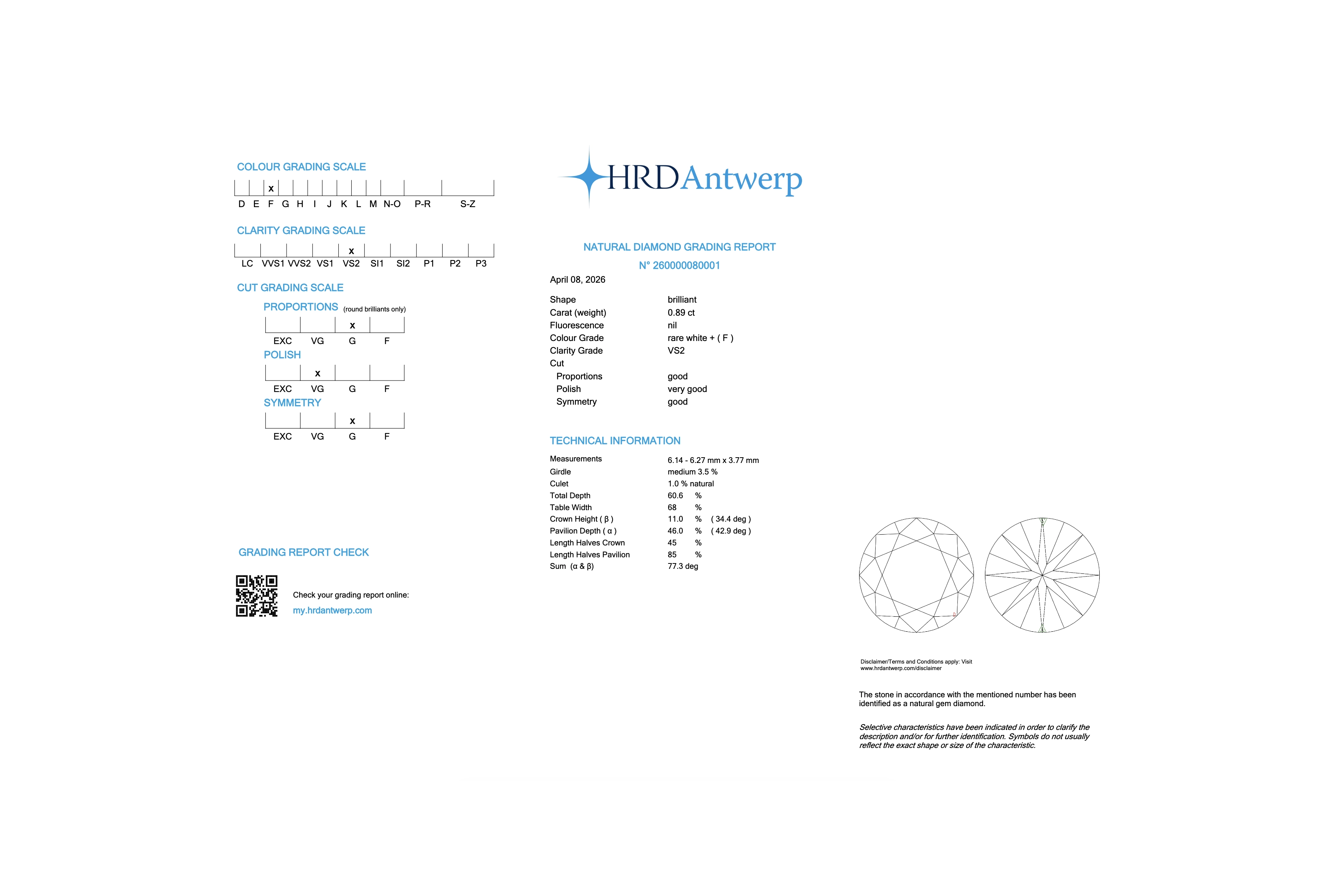 Diamant naturel taille "brillant" rond certifié HRD 0.89 carats - F - VS 2 - 1