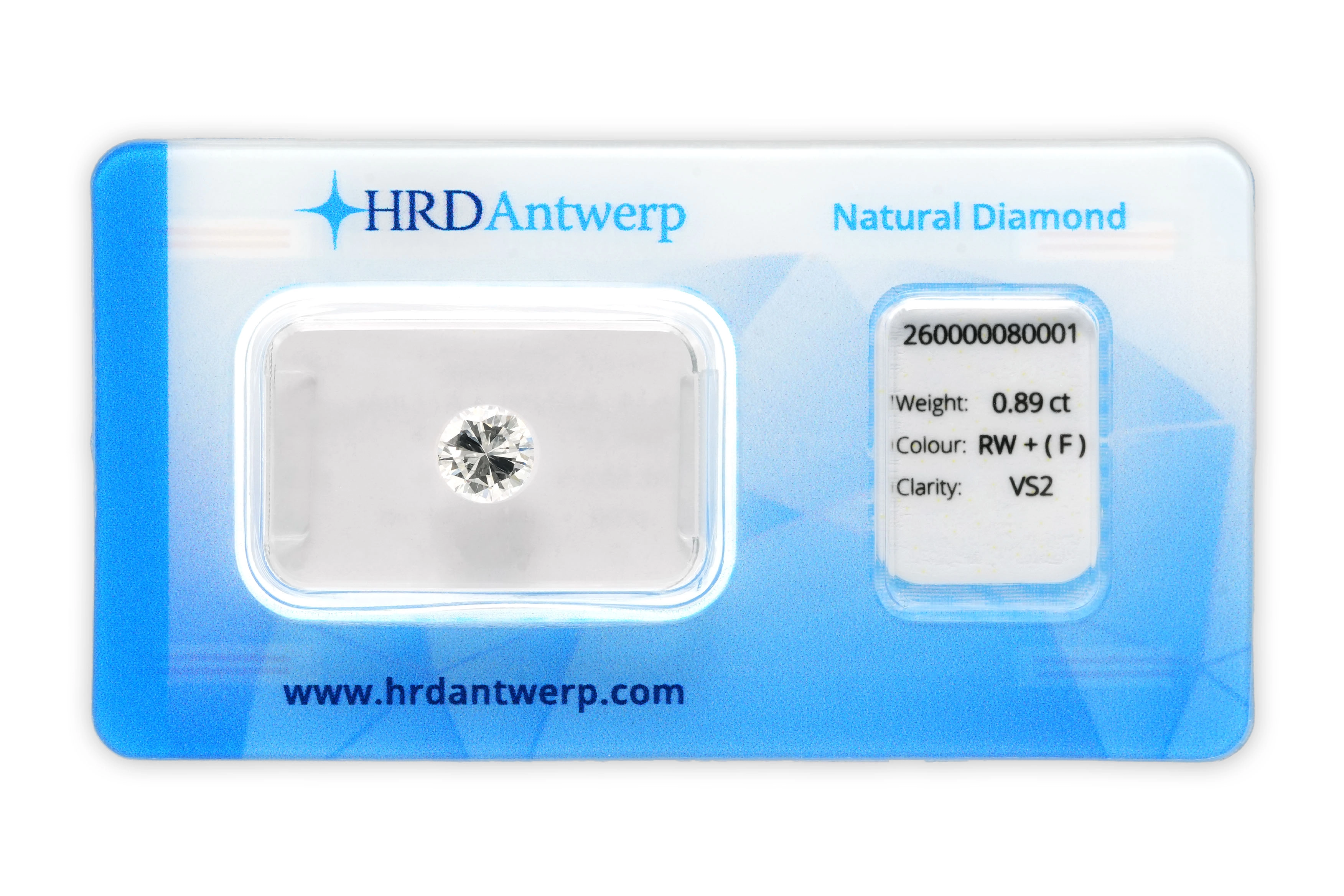 Diamant naturel taille "brillant" rond certifié HRD 0.89 carats - F - VS 2 - 2