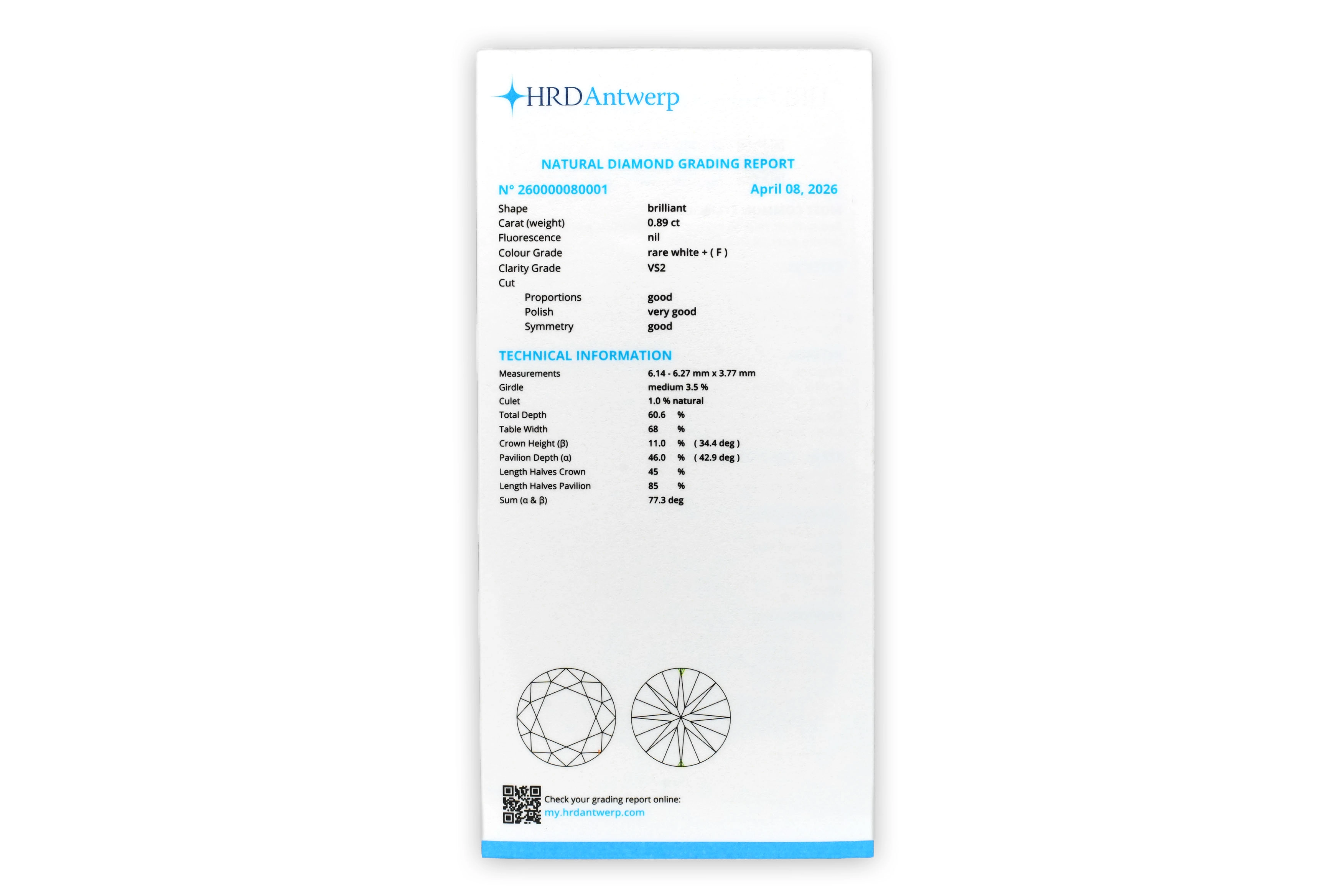 Diamant naturel taille "brillant" rond certifié HRD 0.89 carats - F - VS 2 - 5