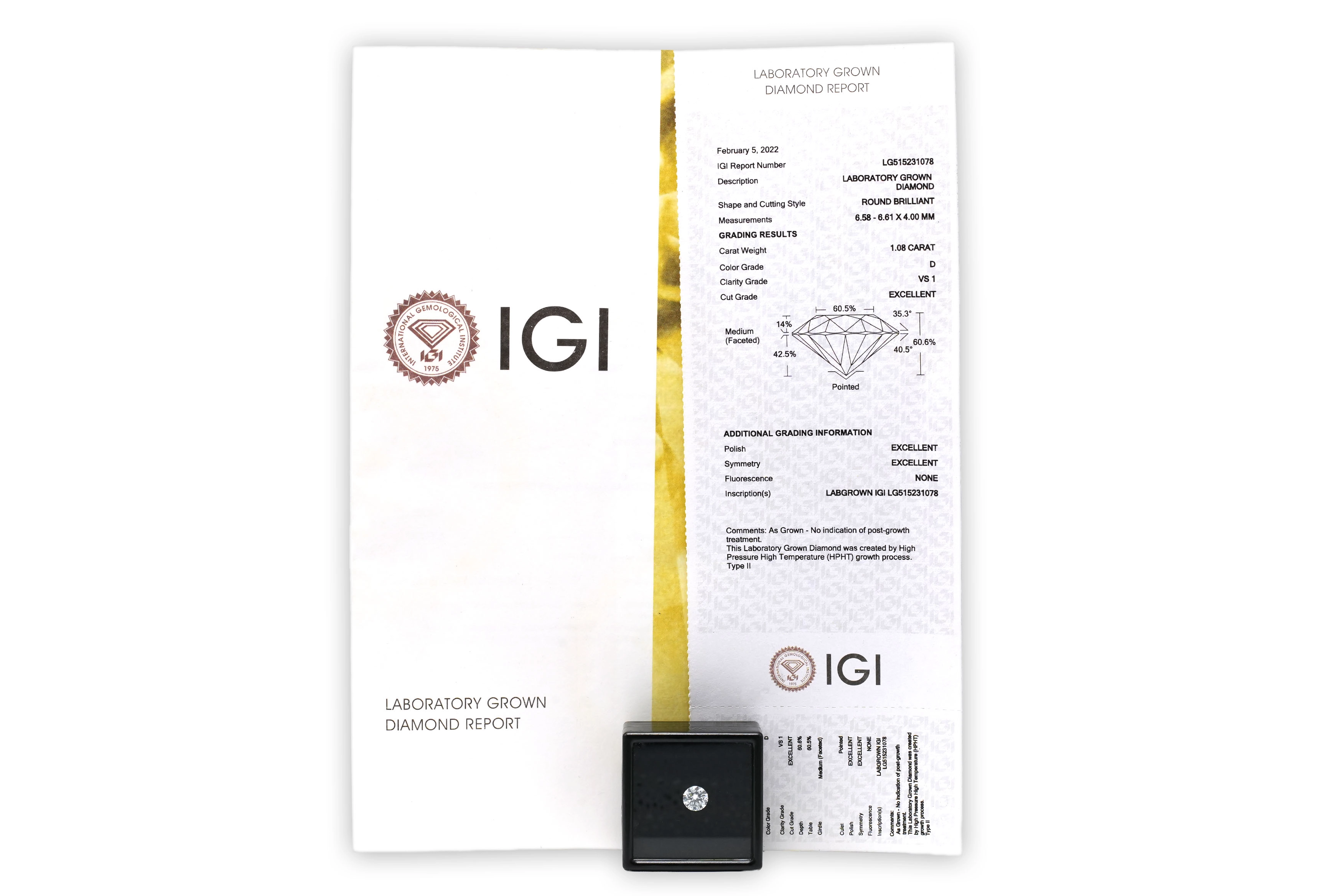 Diamant lap grown taille "brillant" rond certifié IGI 1.08 carats - D - VS 1 - 3