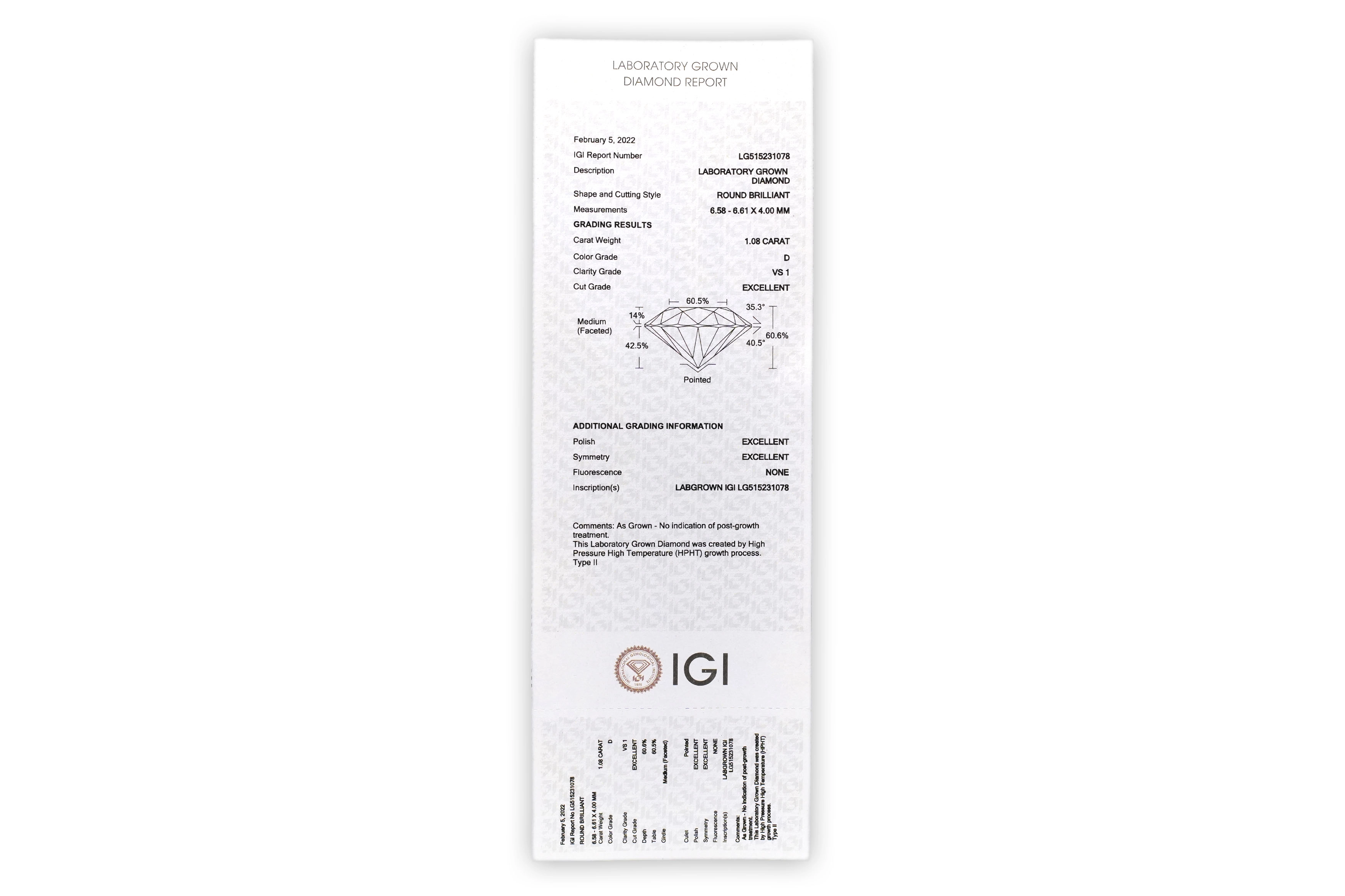 Diamant lap grown taille "brillant" rond certifié IGI 1.08 carats - D - VS 1 - 2