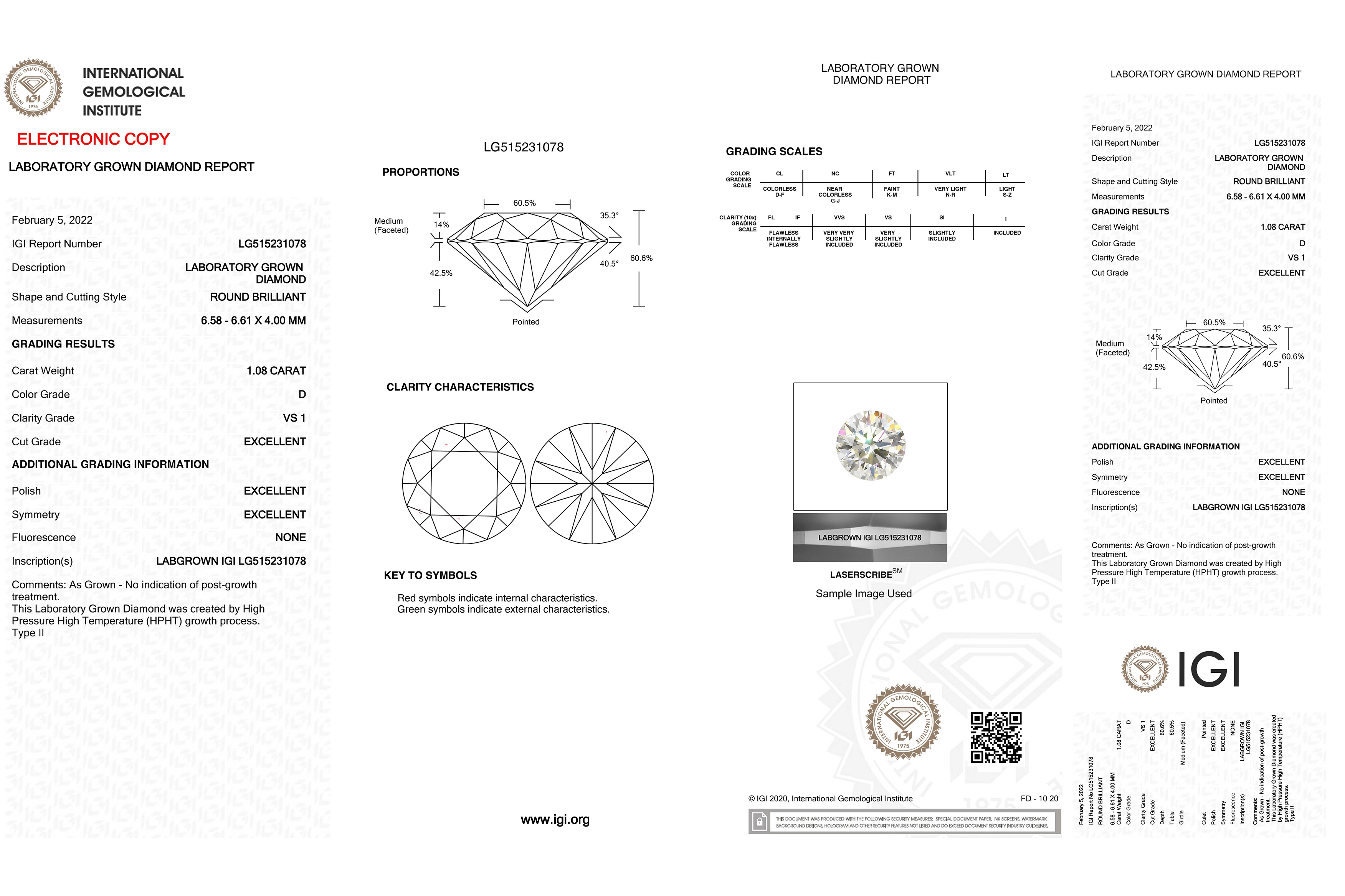 Diamant lap grown taille "brillant" rond certifié IGI 1.08 carats - D - VS 1 - 5