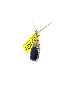 Pendentif Art Déco en or jaune et blanc 14 carats serti d'un saphir de synthèse et de diamants taille "rose" - 3