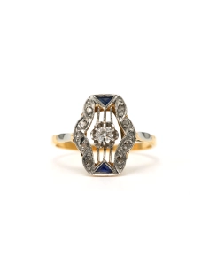 Bague Art Déco en or jaune et blanc 18 carats sertie d'un diamant taille "old cut", de diamants taille "rose" et de saphirs - 1