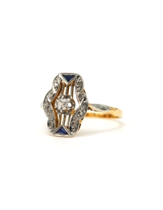 Bague Art Déco en or jaune et blanc 18 carats sertie d'un diamant taille "old cut", de diamants taille "rose" et de saphirs - 2