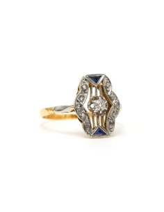 Bague Art Déco en or jaune et blanc 18 carats sertie d'un diamant taille "old cut", de diamants taille "rose" et de saphirs - 6