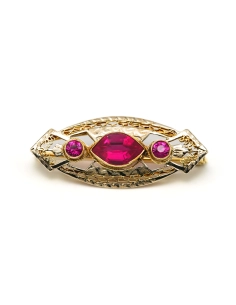 Broche Art Déco en or jaune 14 carats sertie de rubis de synthèse - - 1