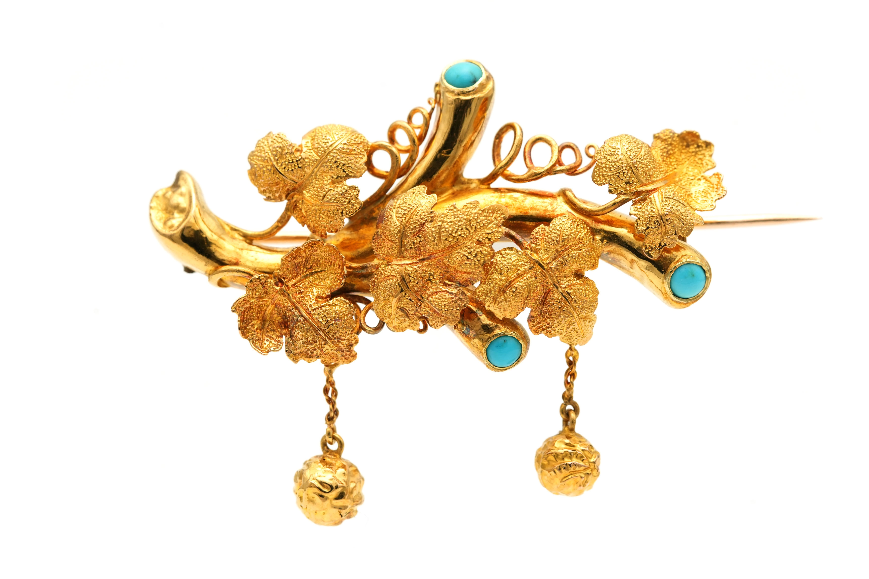 Broche Napoléon III en or jaune 14 carats sertie de turquoises - 1