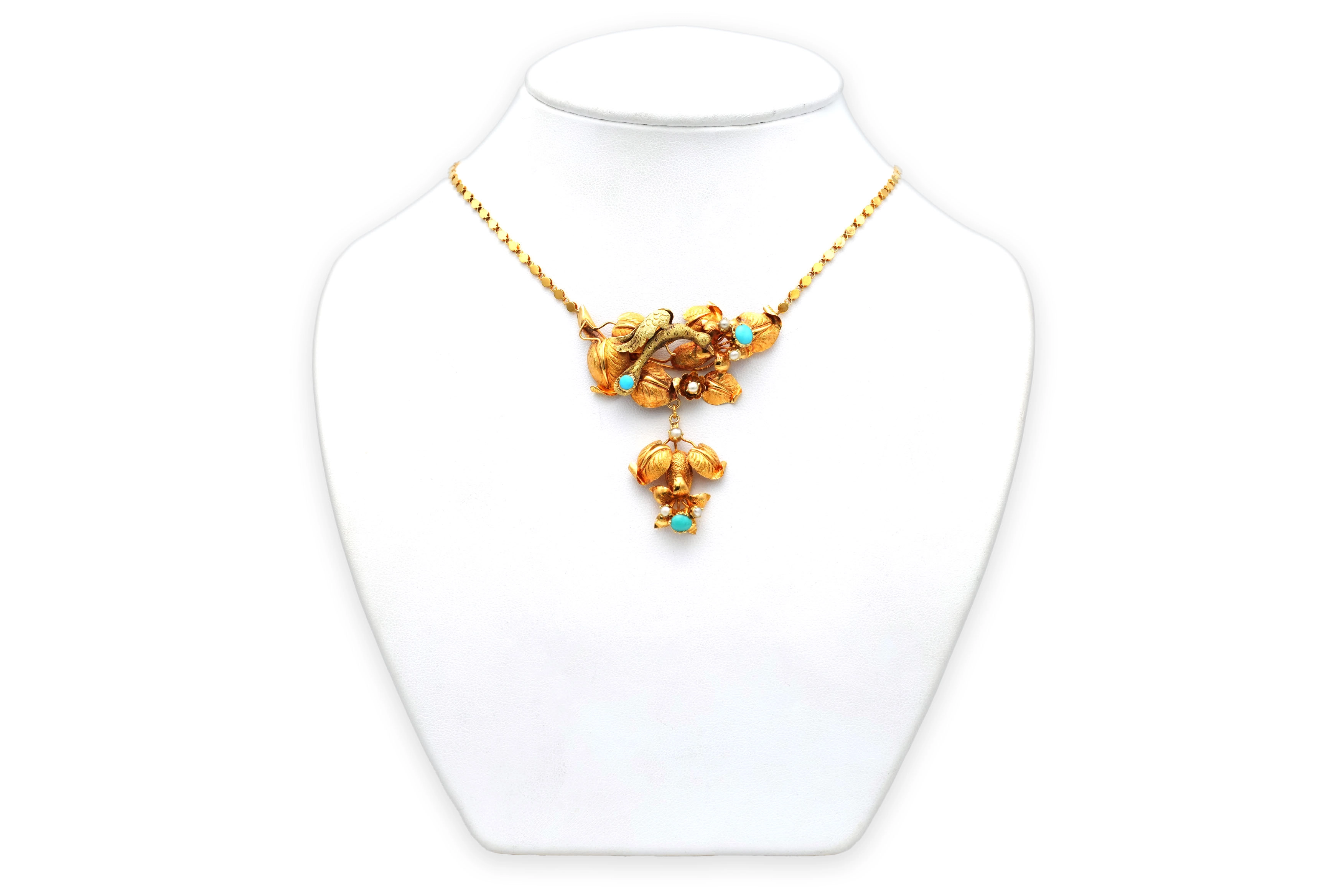 Collier Napoléon III en or jaune 18 carats serti de turquoises et de perles - 2