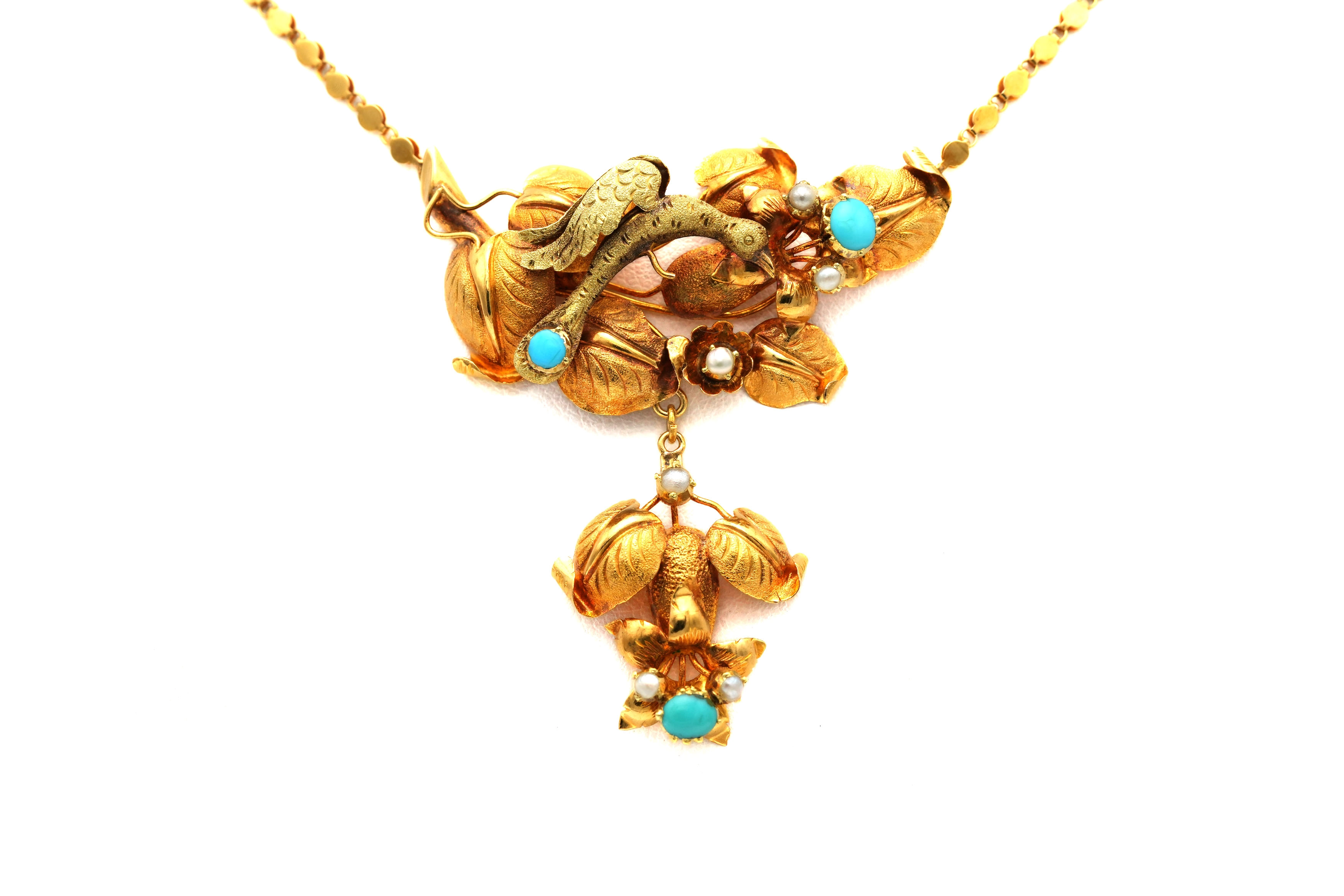 Collier Napoléon III en or jaune 18 carats serti de turquoises et de perles - 1